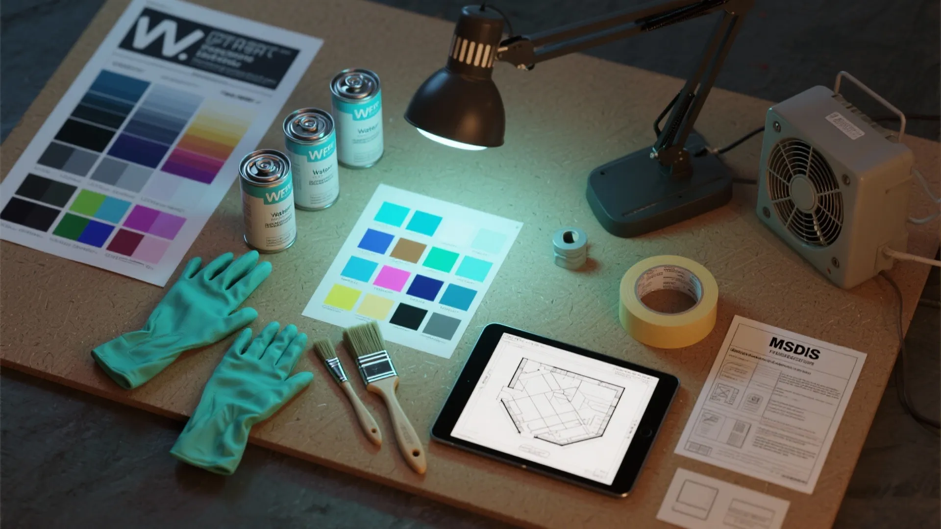 Design workspace with paint cans color swatches brushes gloves and tablet showing a room layout