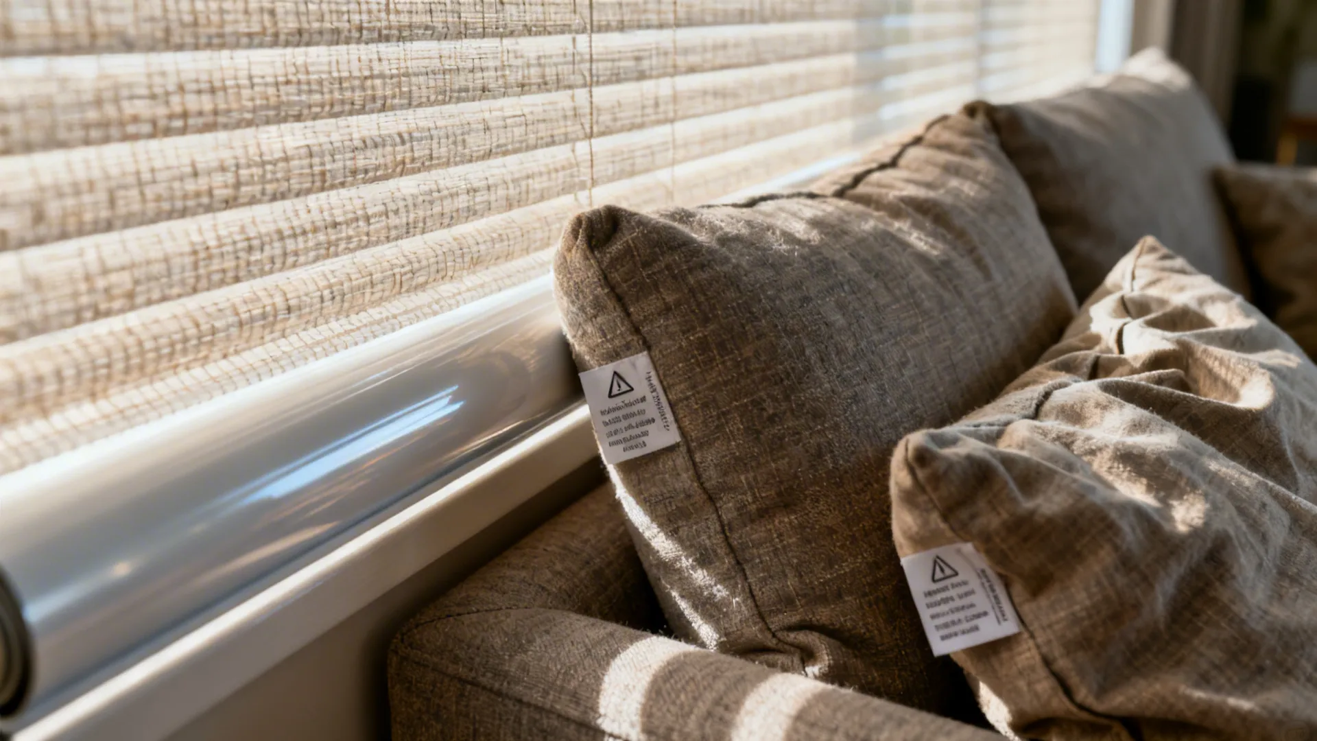 Close-up of UV window film, roller blind texture and sofa cushion care tags to prevent sun damage