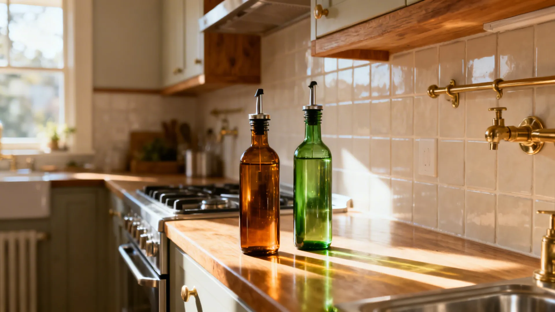 Amber and green UV-protective oil bottles on a bright galley kitchen counter with pale tile.