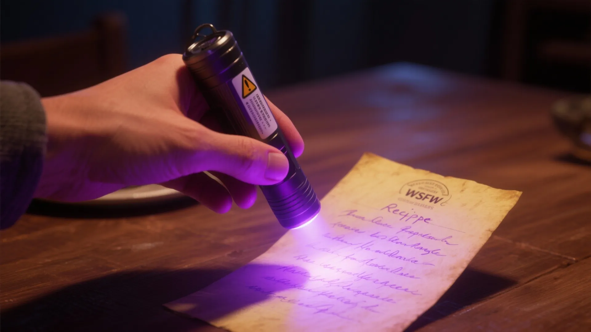 UV flashlight revealing invisible ink on a recipe card, the ink glowing purple in a dim room.