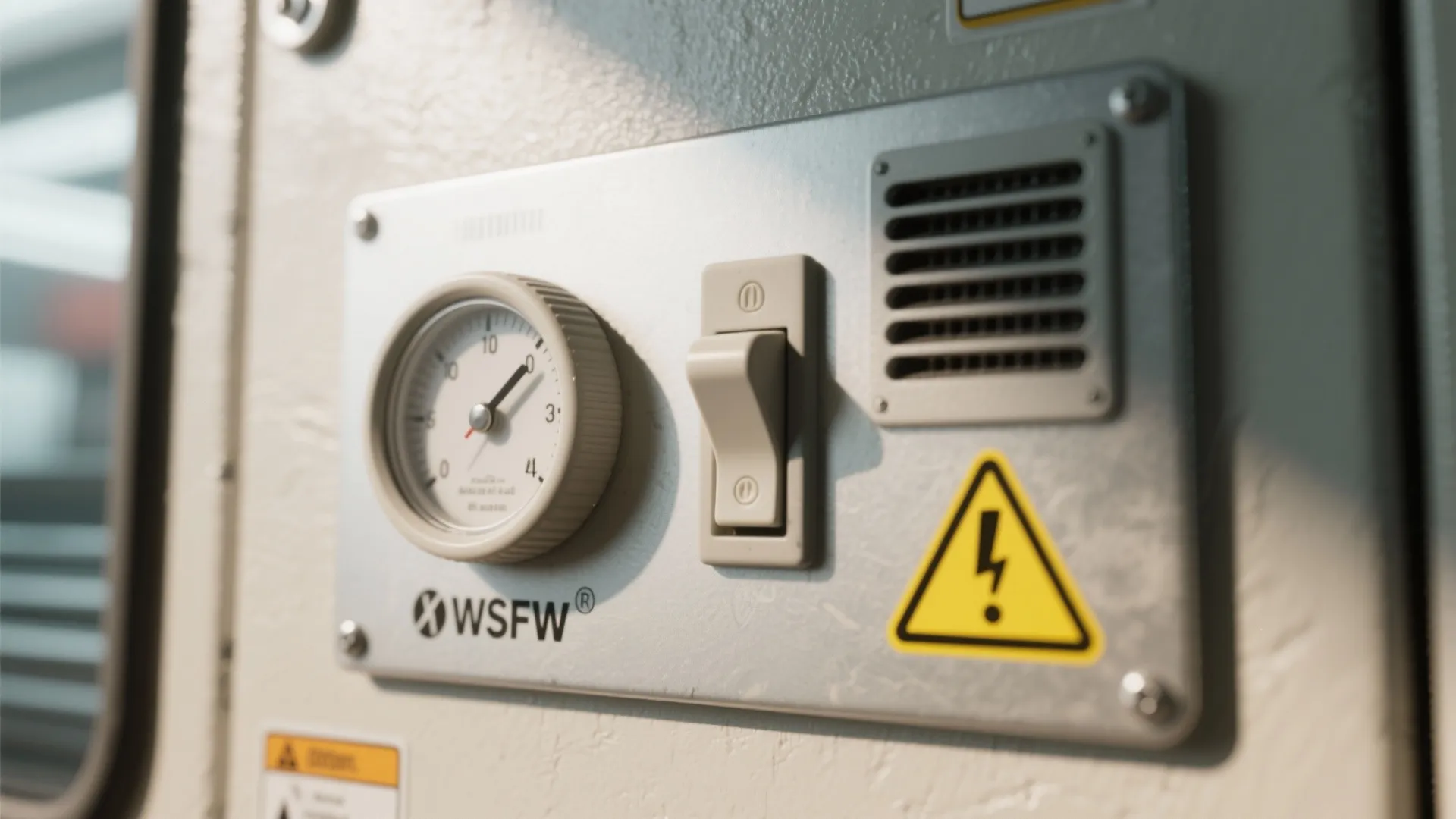 Control panel with pressure gauge rocker switch small vent and yellow electric safety warning sign logo