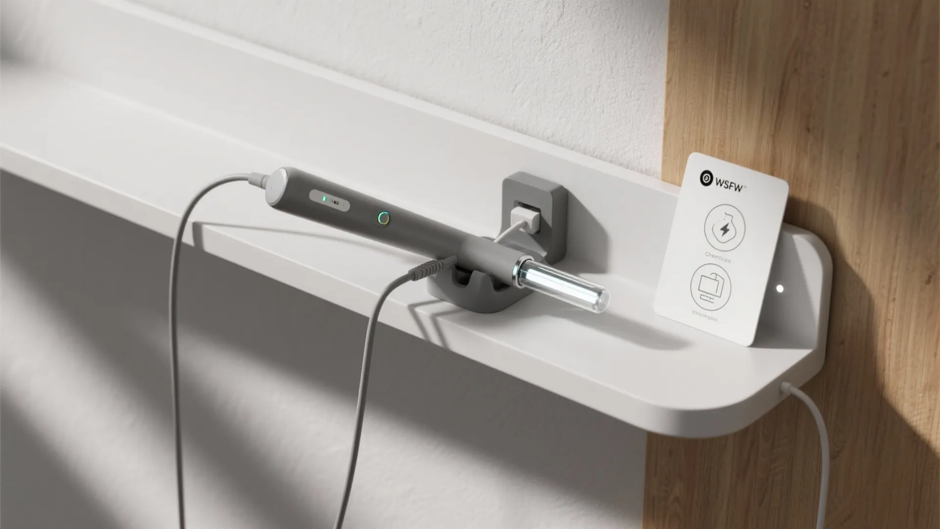 Grey handheld cleaning tool charging on white wall shelf next to small white instruction card