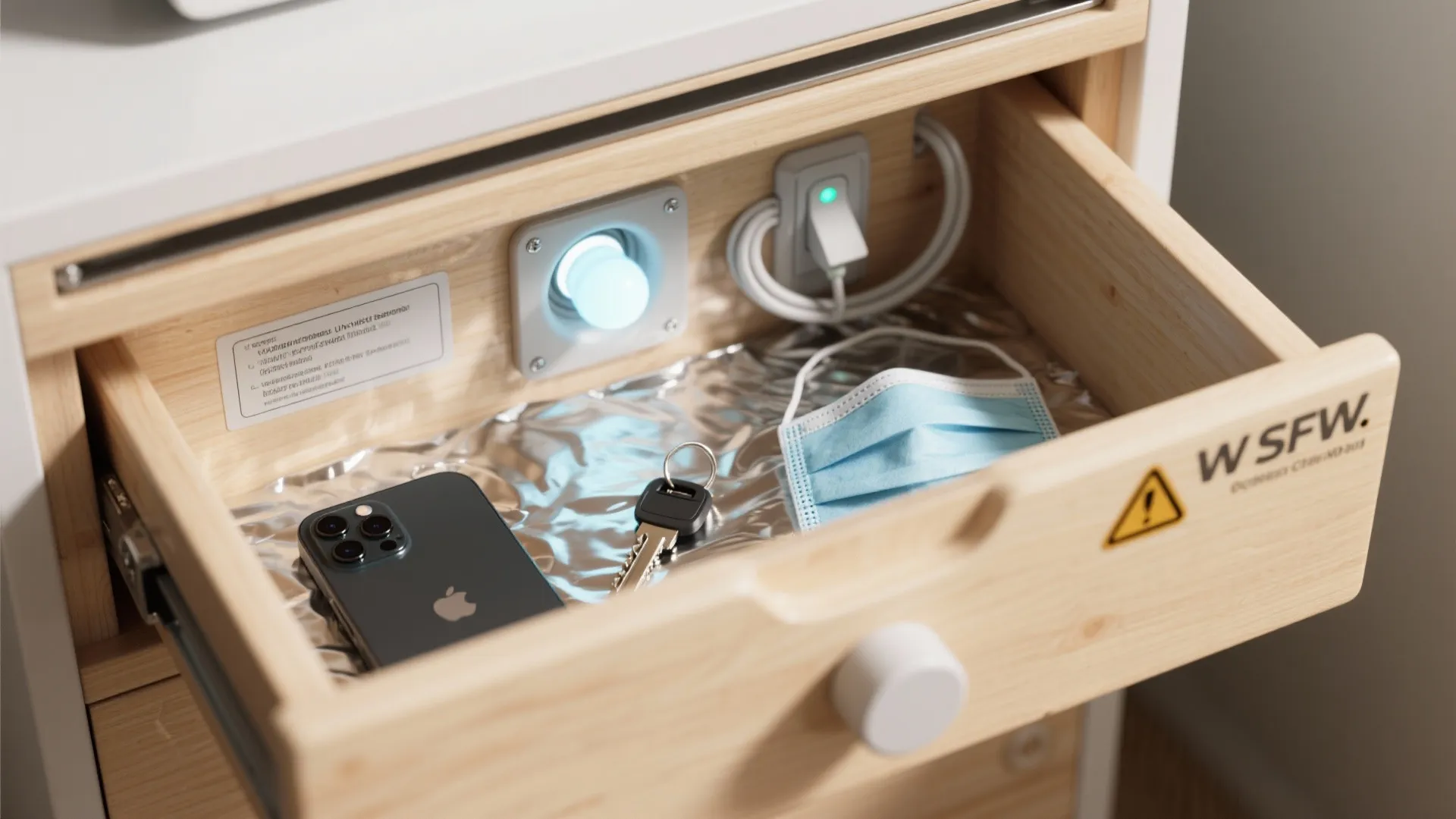 Open wooden cabinet drawer containing a smartphone, key, and face mask under a blue light