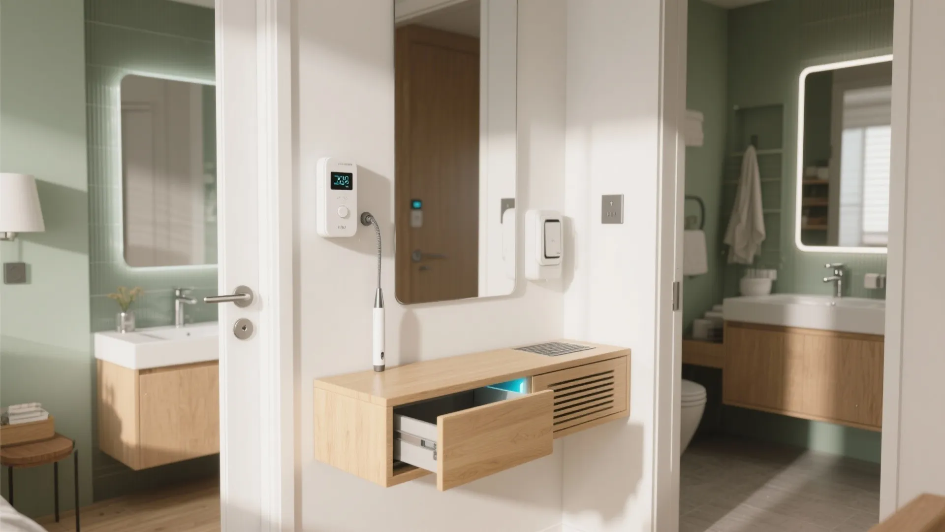 Modern bathroom entryway showing wooden floating cabinet with open drawer and blue light sanitizing feature