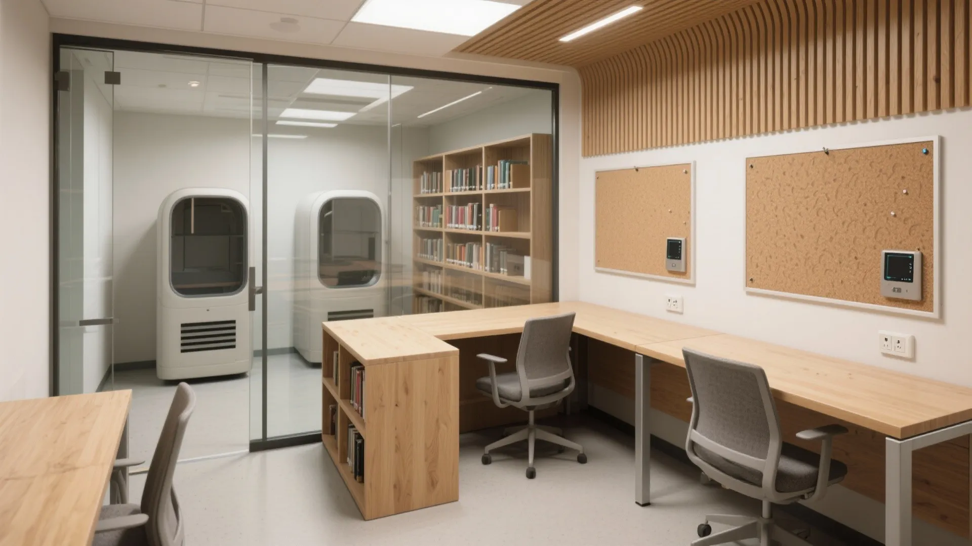 Study room with wooden desks grey chairs book shelves and glass wall separating work areas