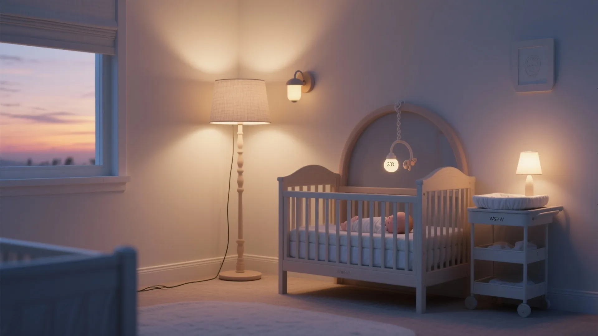 Baby sleeping in wooden crib with warm floor lamp wall light and small side table cabinet