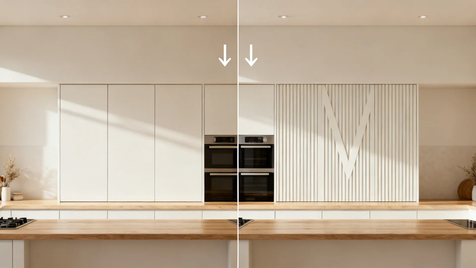 Before and after view showing plain slabs versus vertical V-groove cabinet doors.
