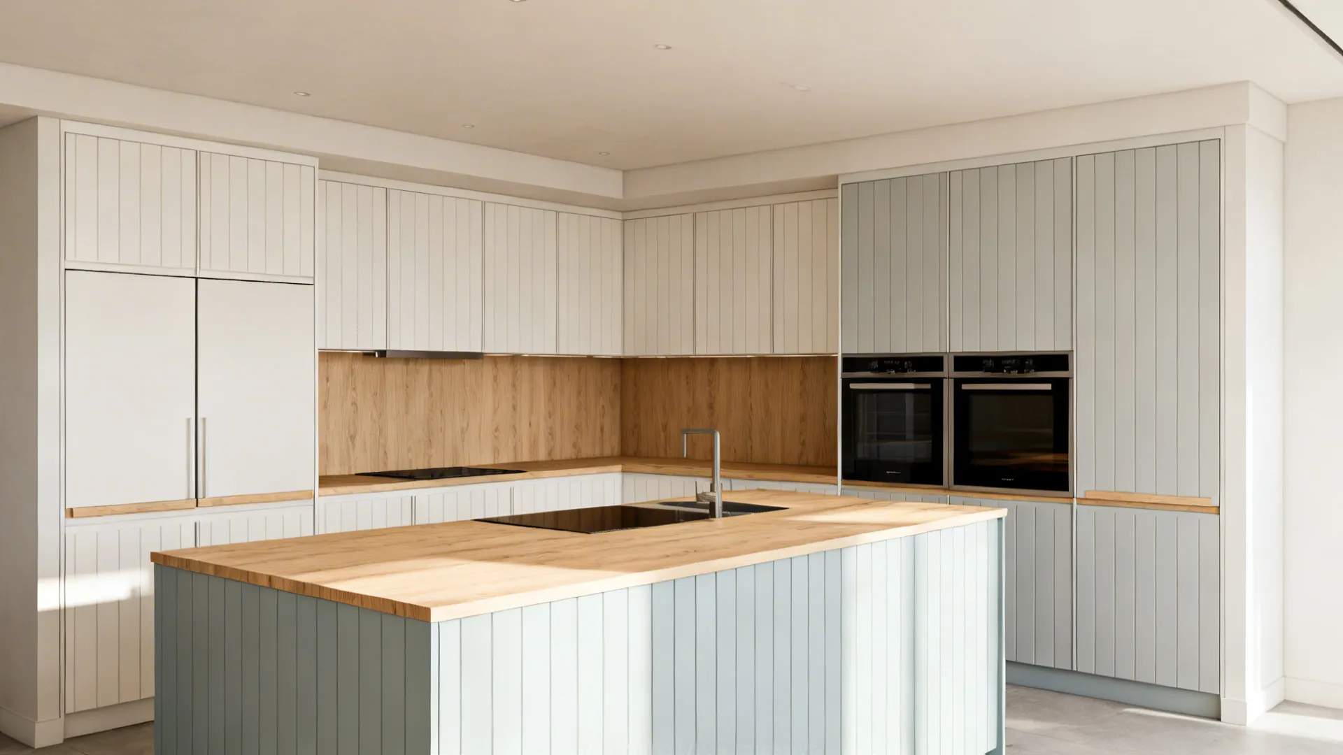 Vertical V-groove cabinet doors in a small Scandinavian-inspired kitchen.