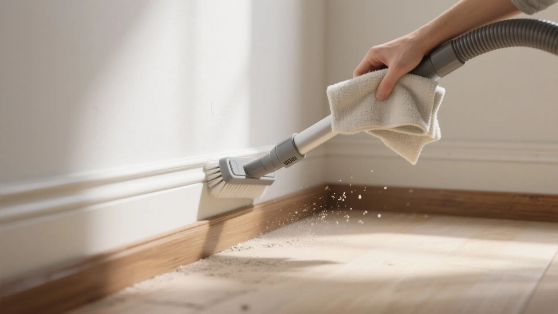 Hand using vacuum brush and white cloth to clean dust from wall panel and floor