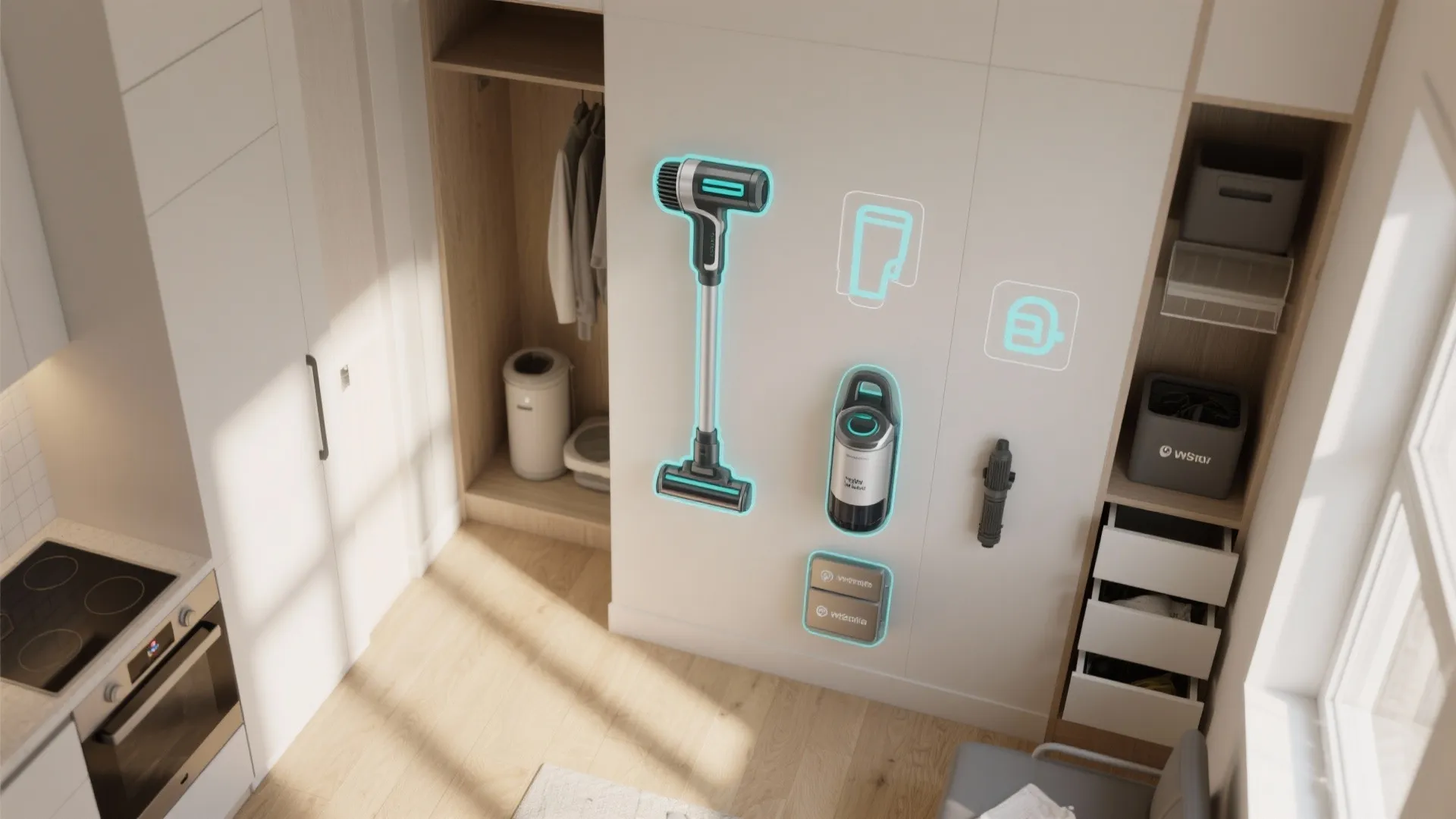 Interior design drawing showing a vacuum cleaner and accessories organized on a white storage wall