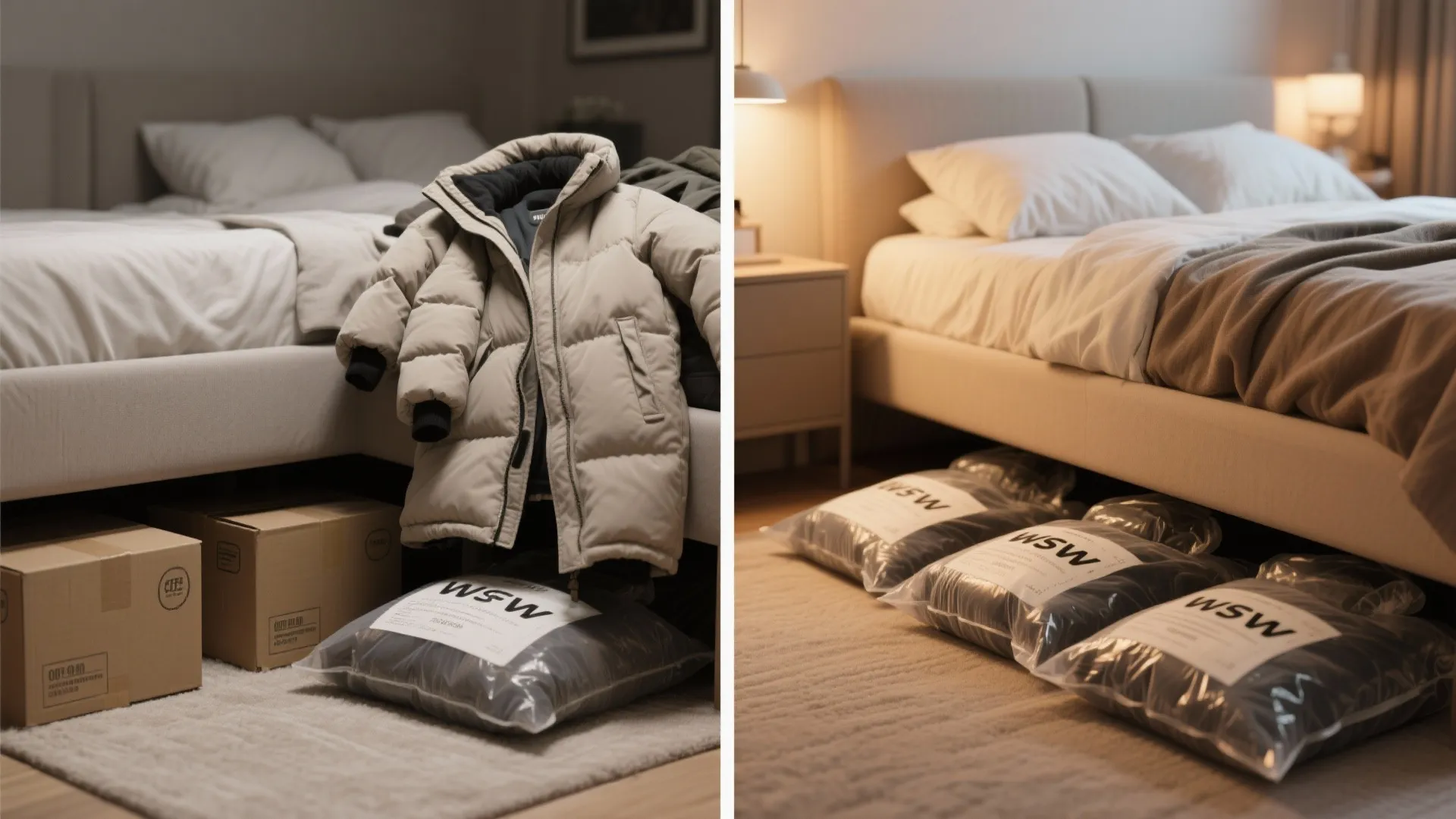 Comparison of messy cardboard boxes versus neat vacuum sealed bags stored under a bedroom bed