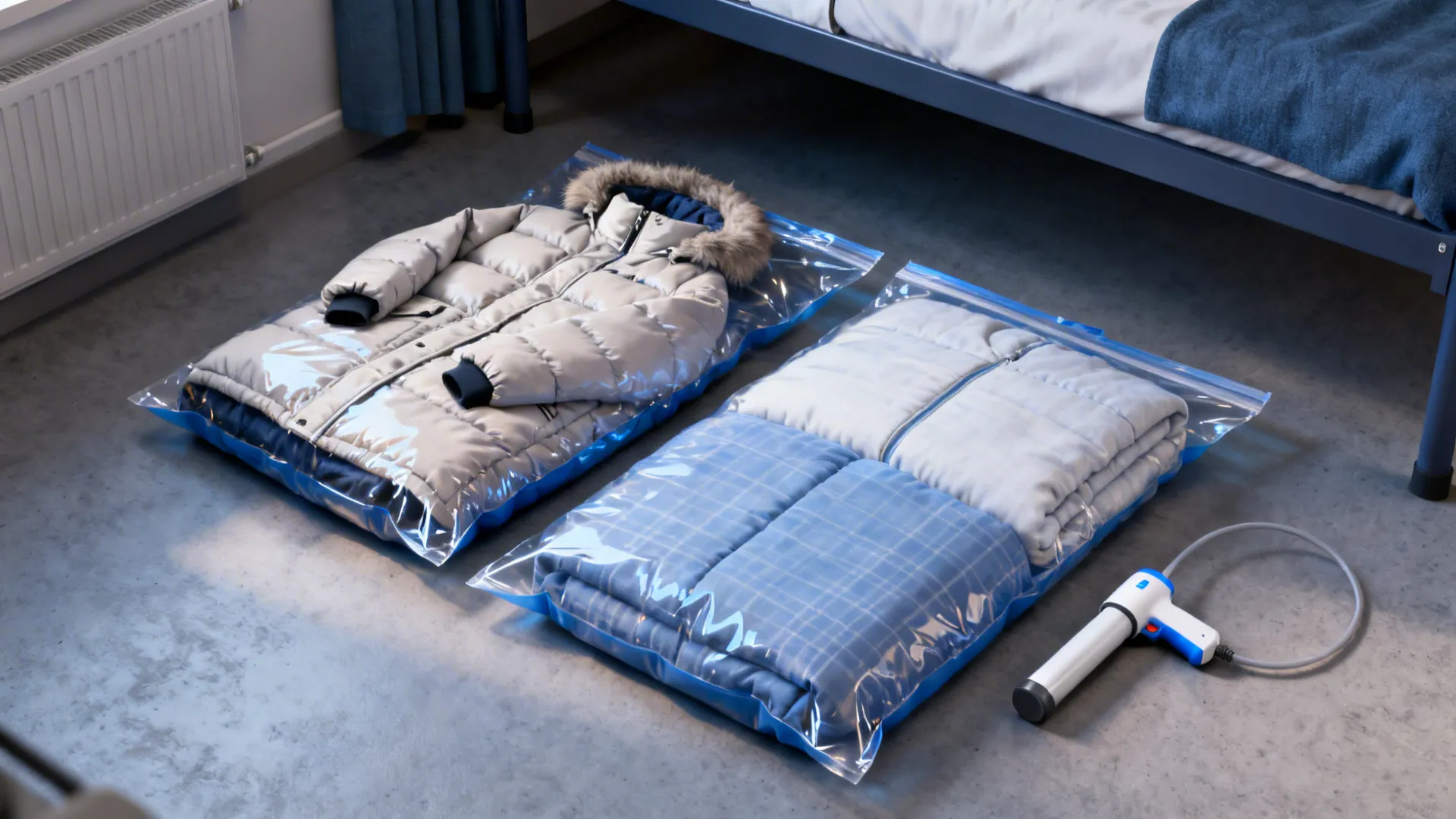 Compressed vacuum-seal bags with bedding and a handheld pump beside a bed