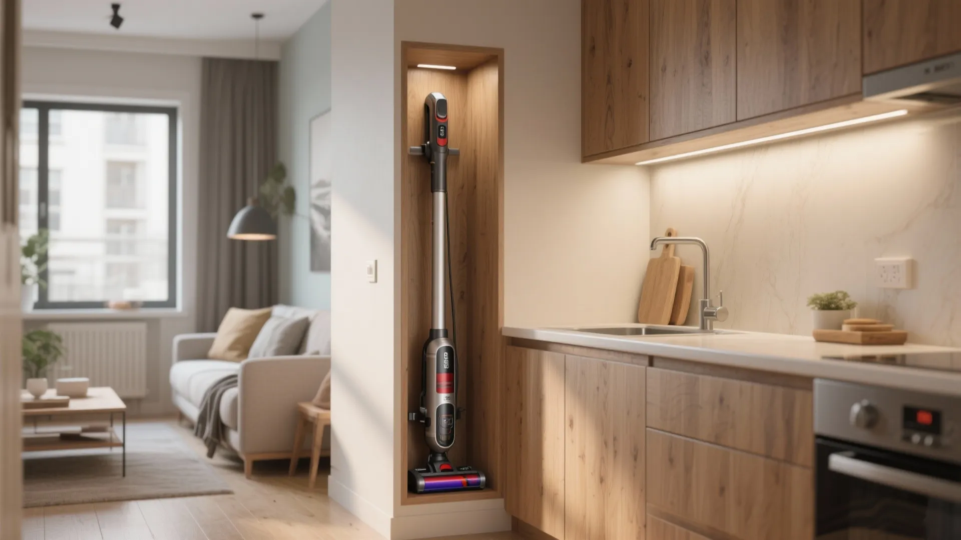 Stick vacuum cleaner stored inside custom wood wall niche next to modern kitchen cabinets and sink