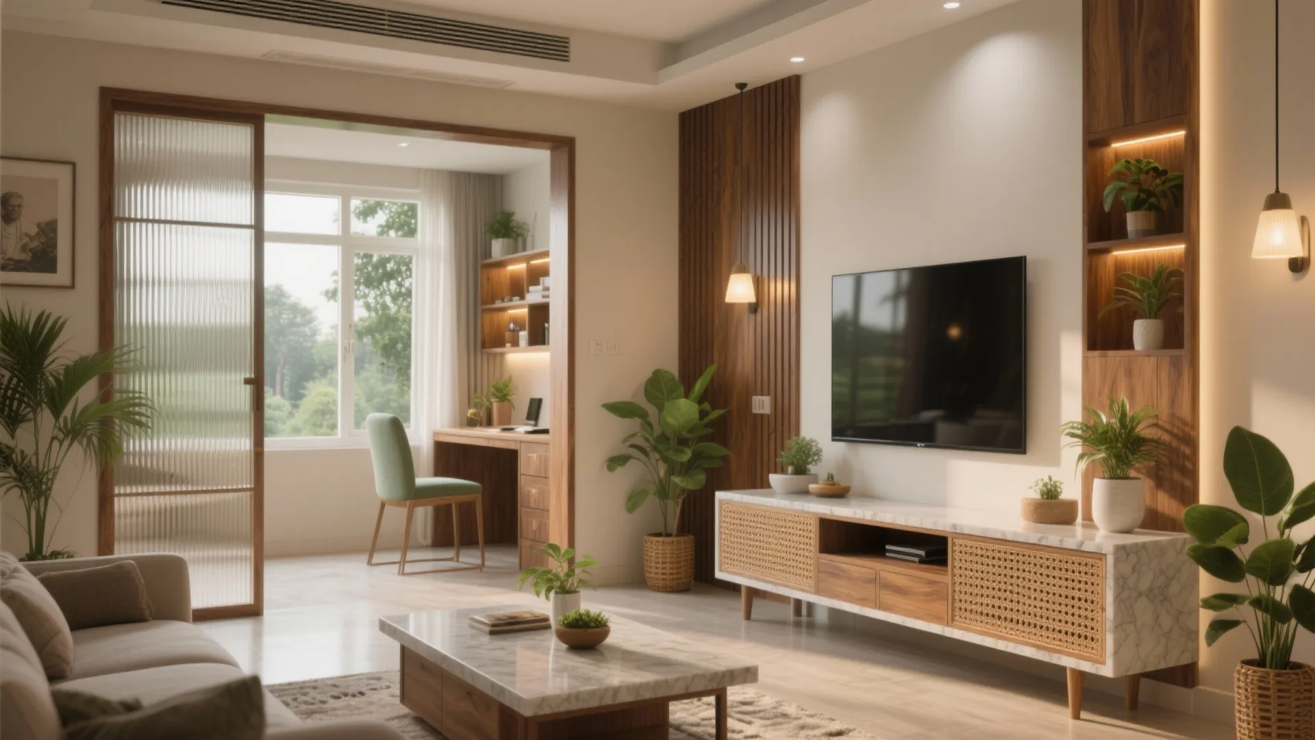 Bright living room showing television cabinet with green plants and a small office workspace desk area