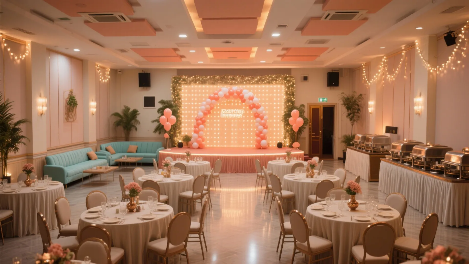 Elegant birthday hall with round dining tables white chairs pink balloons stage lights and buffet area