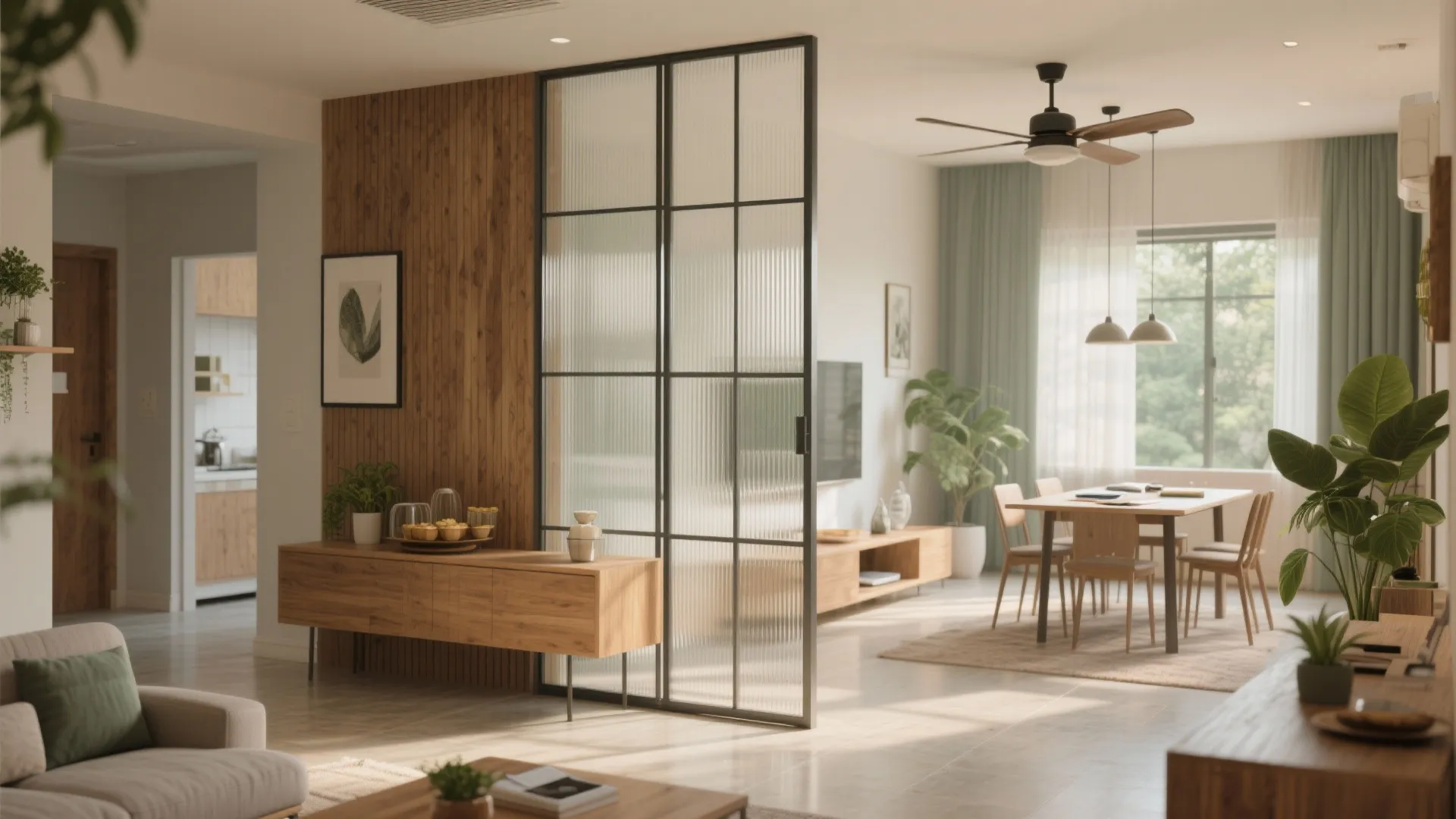 Open living room featuring wooden wall panel a glass room divider and a dining table