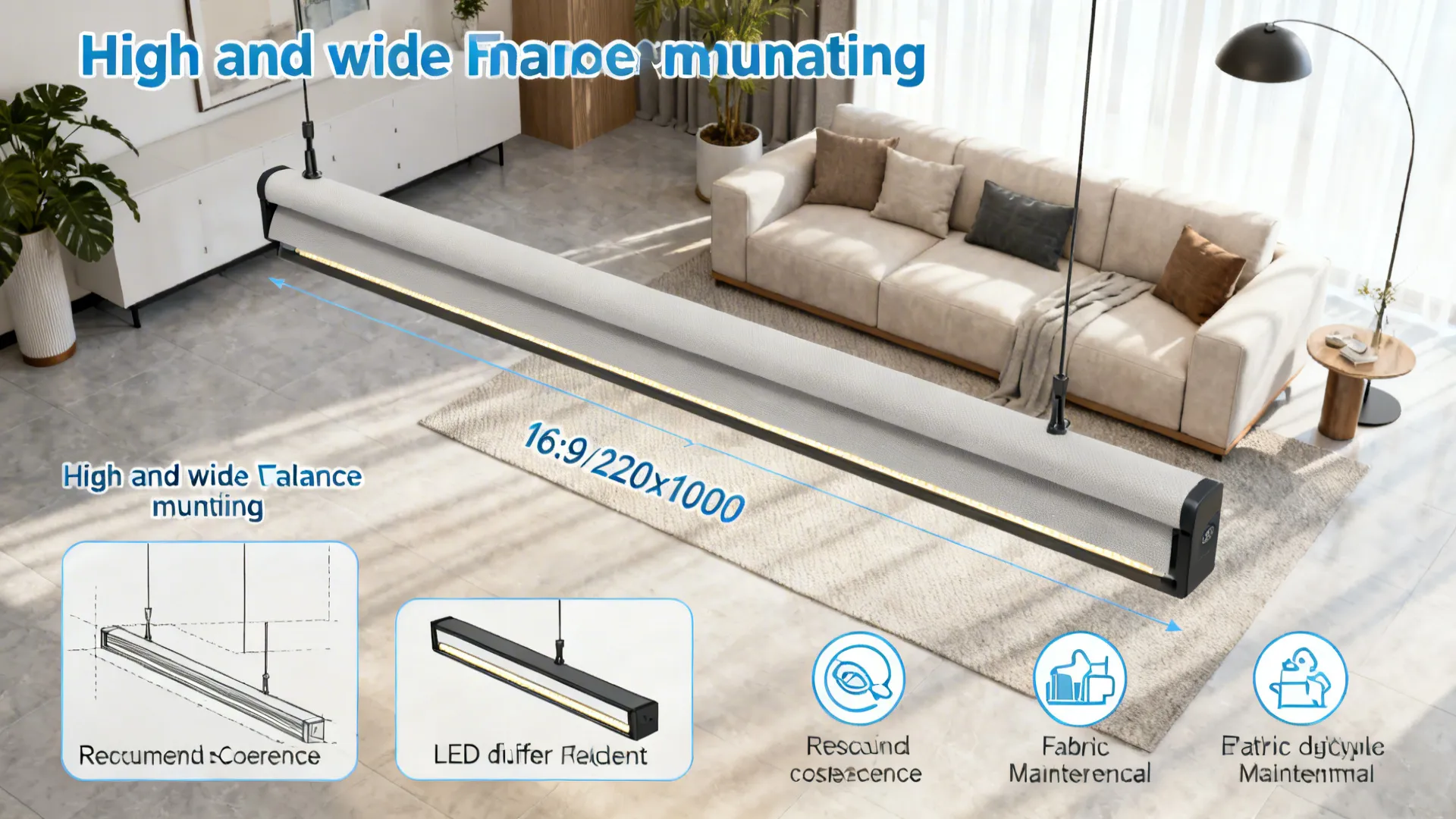 Illustrated interior showing valance mounting tips, LED placement, and maintenance icons for quick FAQ reference.
