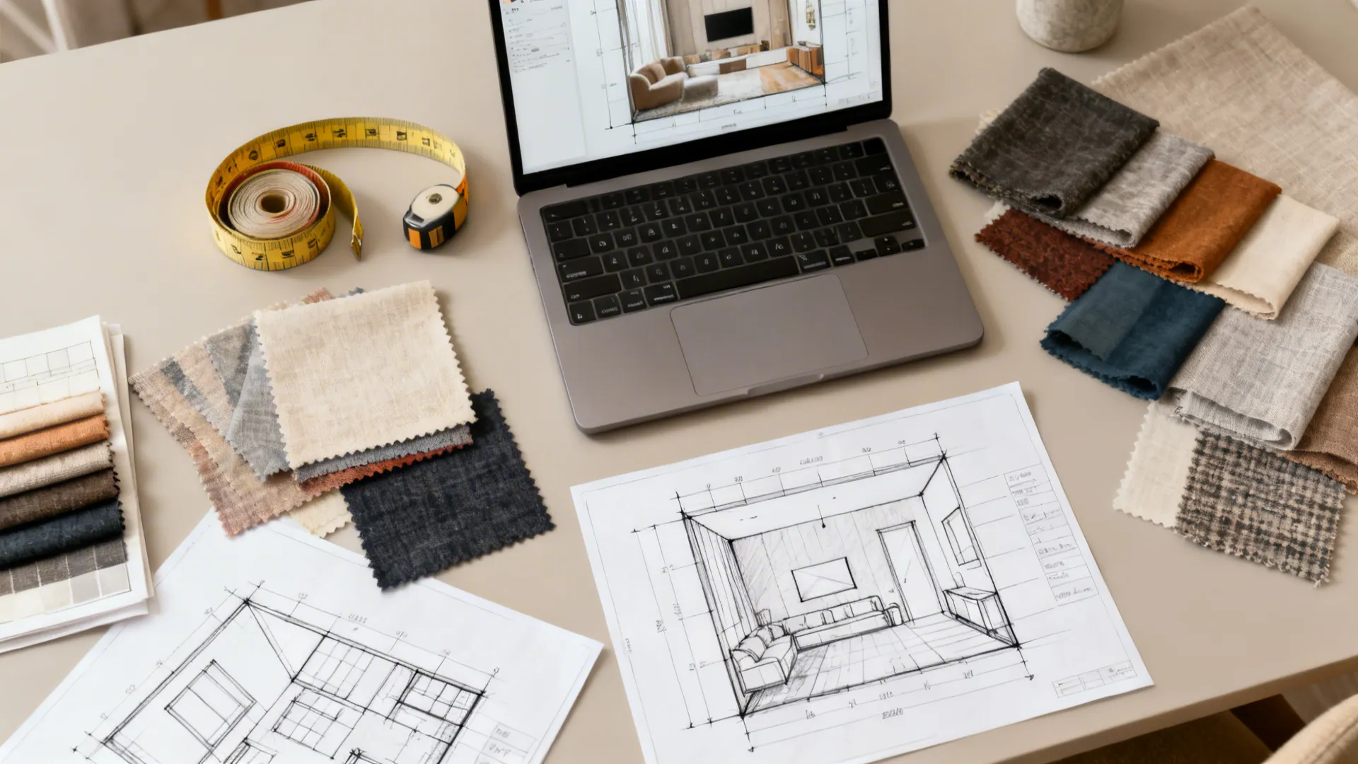 Designer workspace with fabric samples measuring tape and laptop showing an interior design drawing project