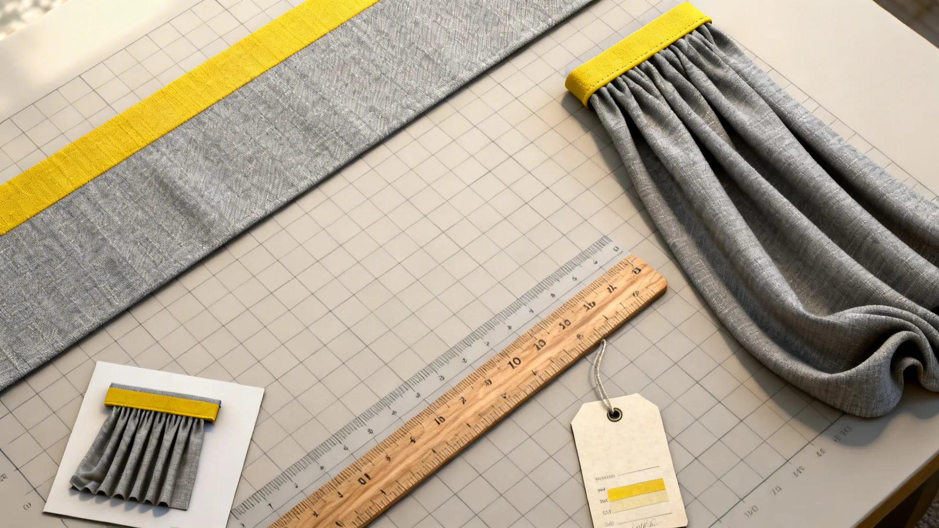 Top-down flatlay of color-blocked valance swatch, grey drape fabric, and yellow trim with ruler.