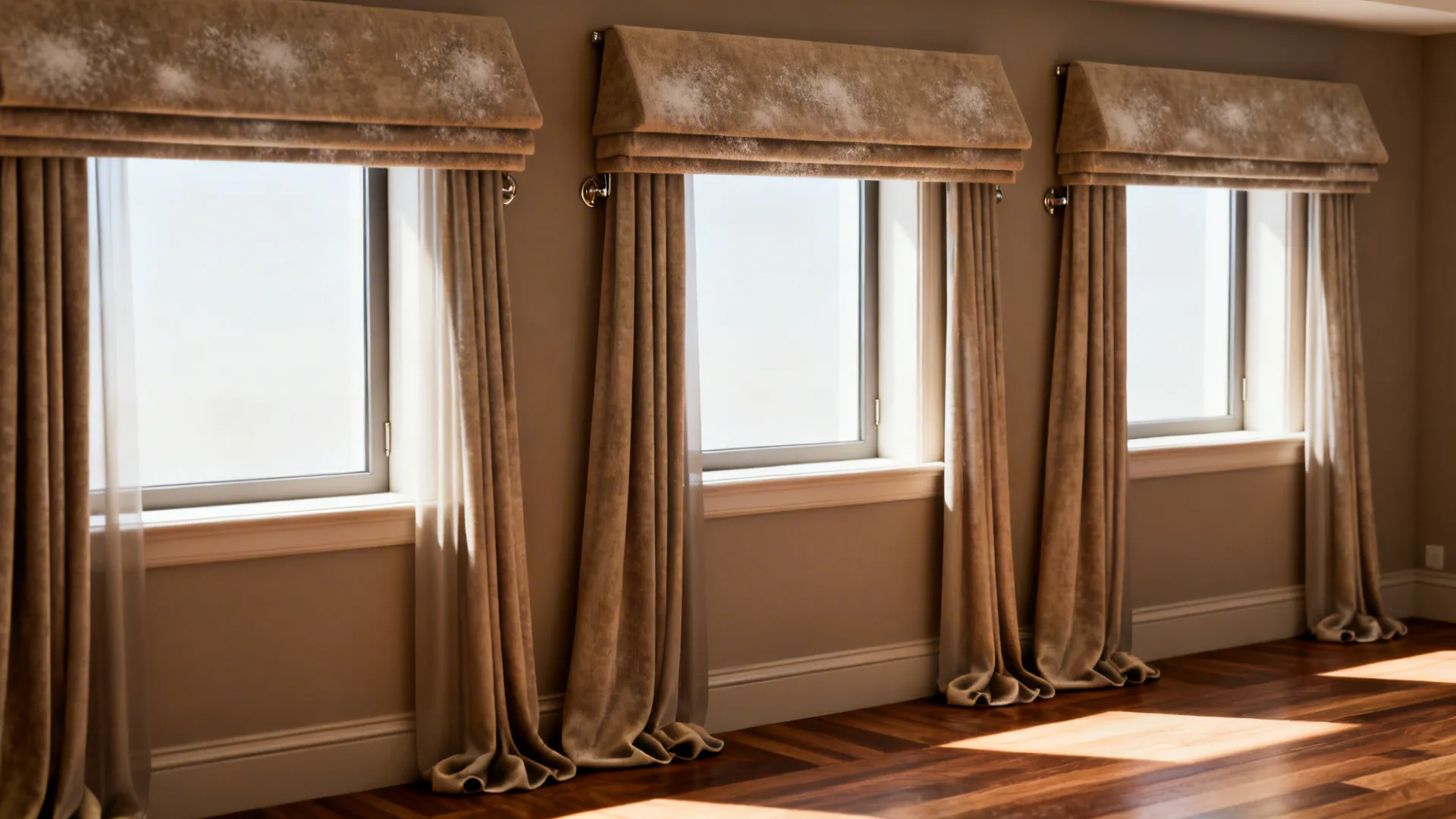 Short valances above three windows paired with full-length drapes creating a polished, hotel-like look.