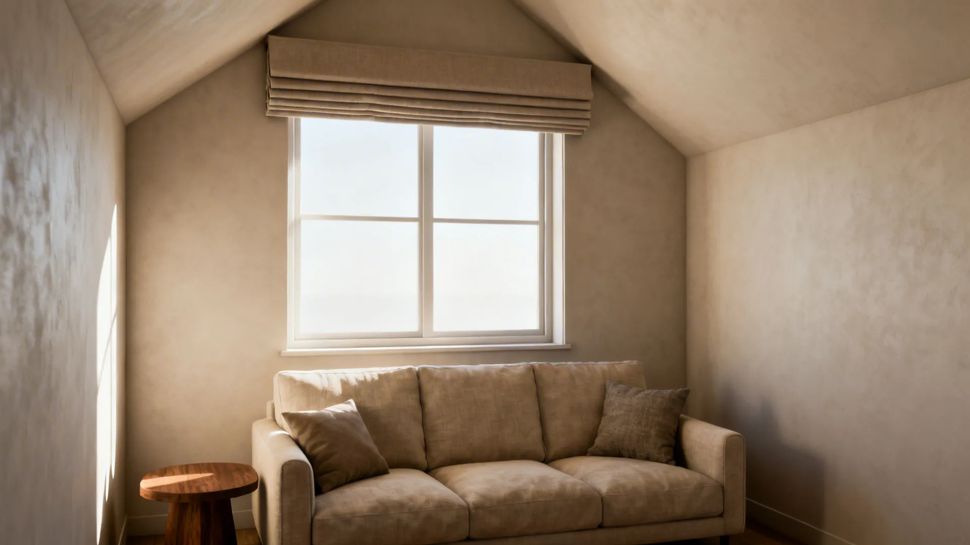 Minimalist attic living room with beige sofa wooden side table window with curtain and natural sunlight