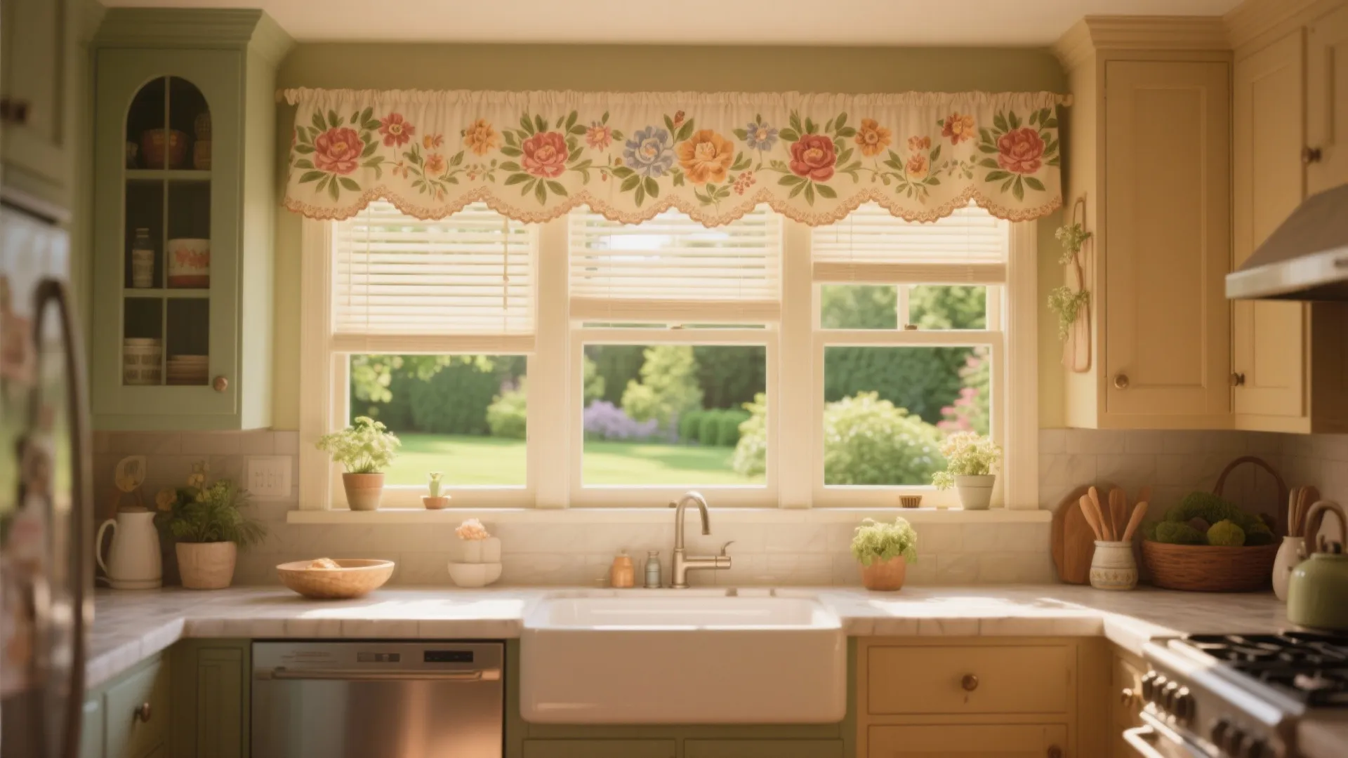 Traditional kitchen with floral curtain over window white sink beige cabinets and green garden view