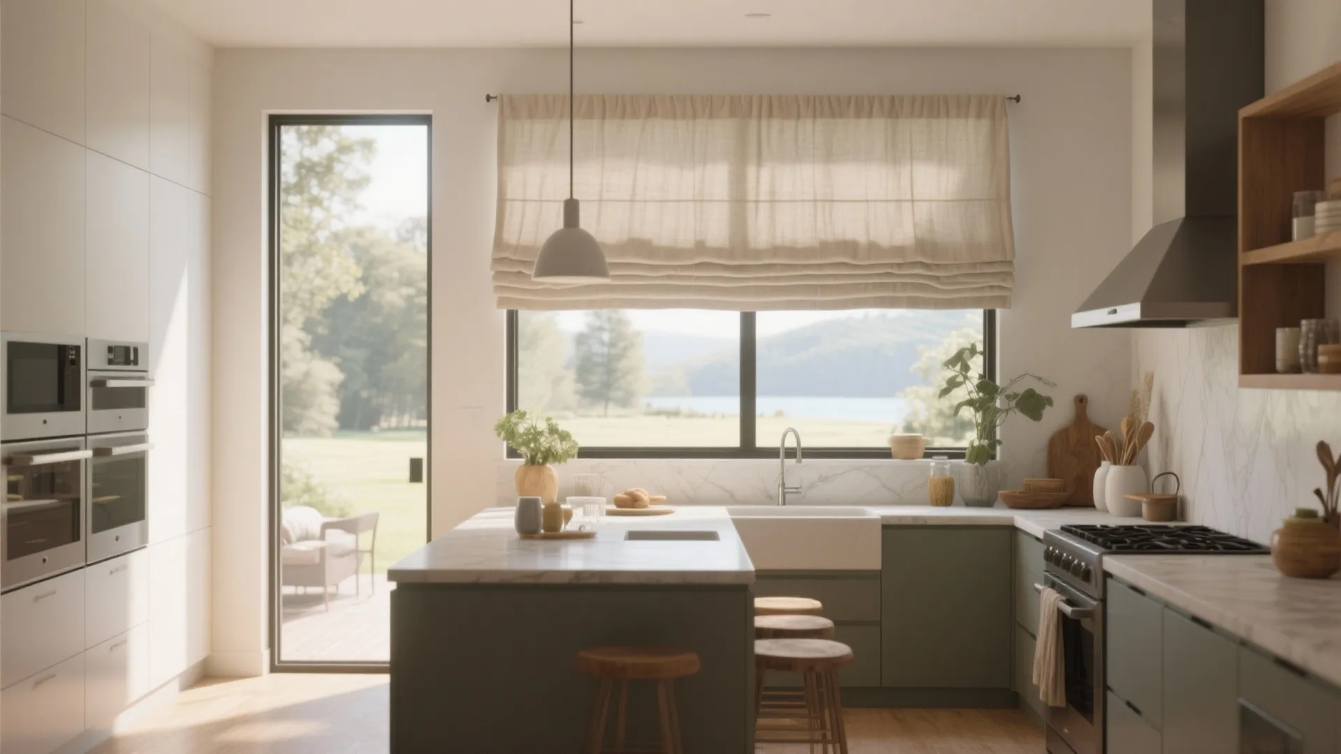 Open-plan kitchen with single fabric window valance