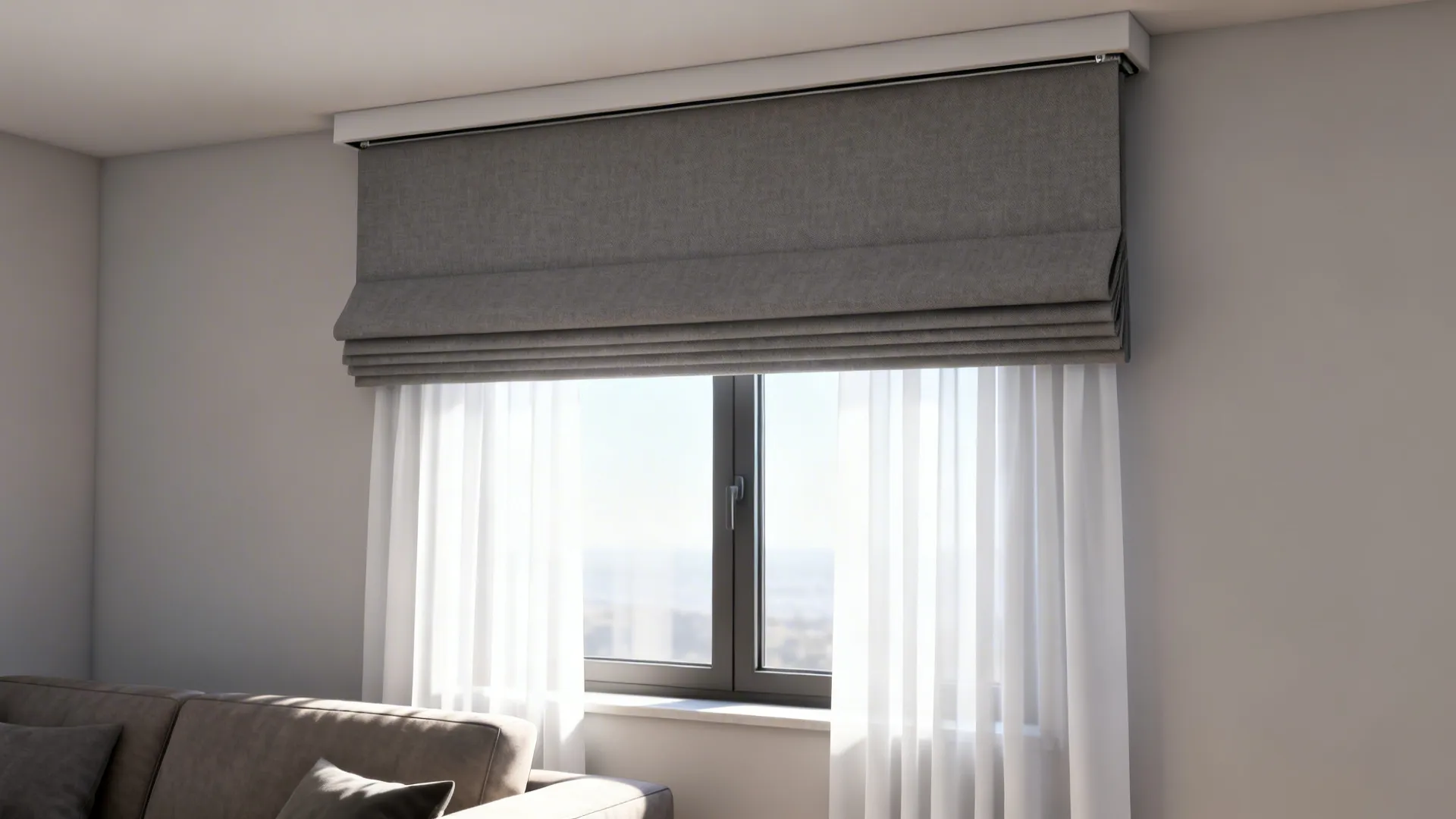 Window with tailored grey valance and flowing white drapes creating a crisp header.