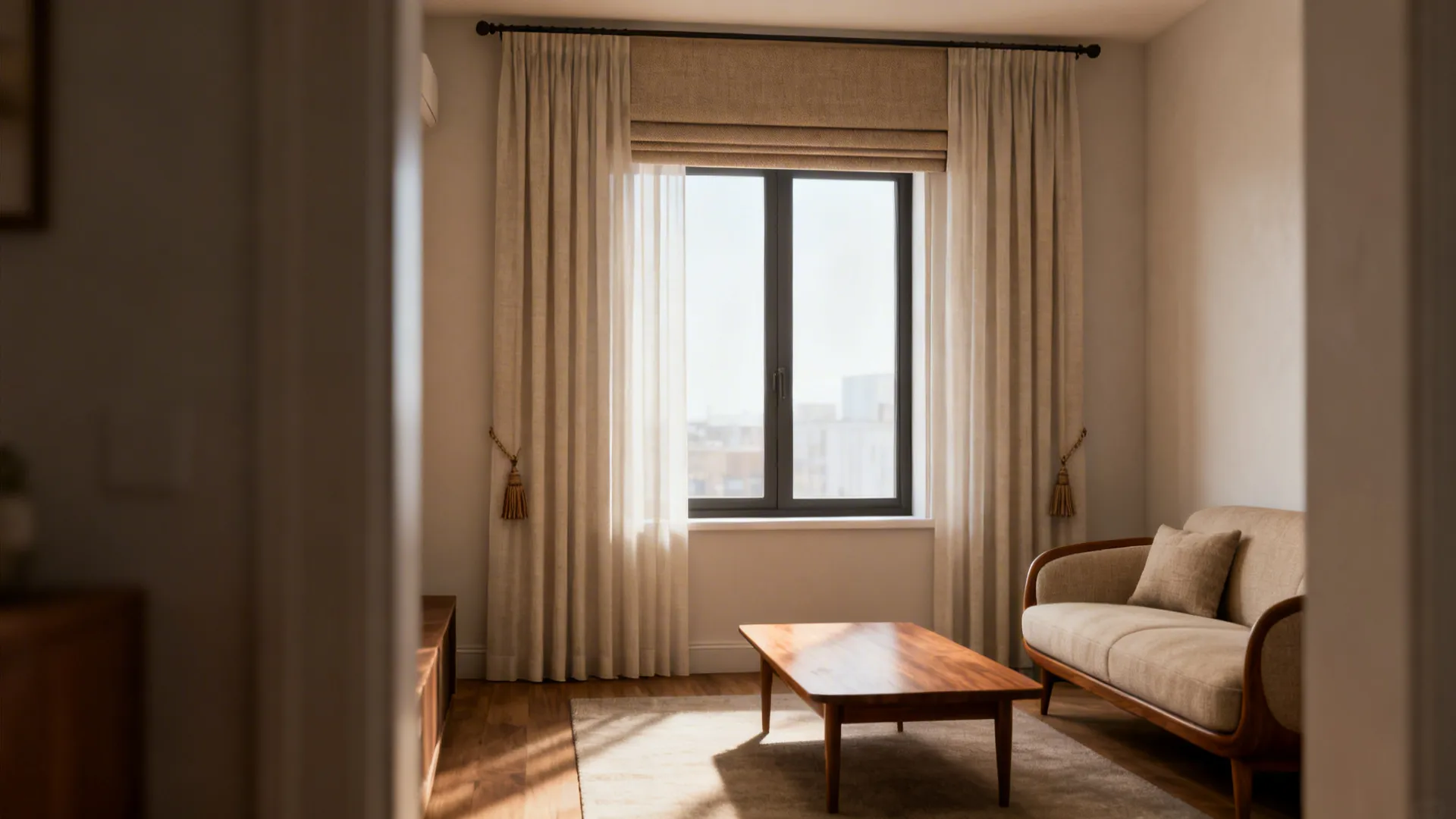 Bright living room with beige curtains on large window, wooden coffee table, and comfortable sofa