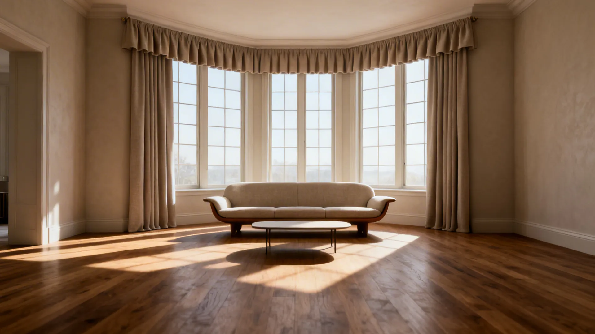 Modern living room with beige curtains covering large windows behind a sofa and coffee table