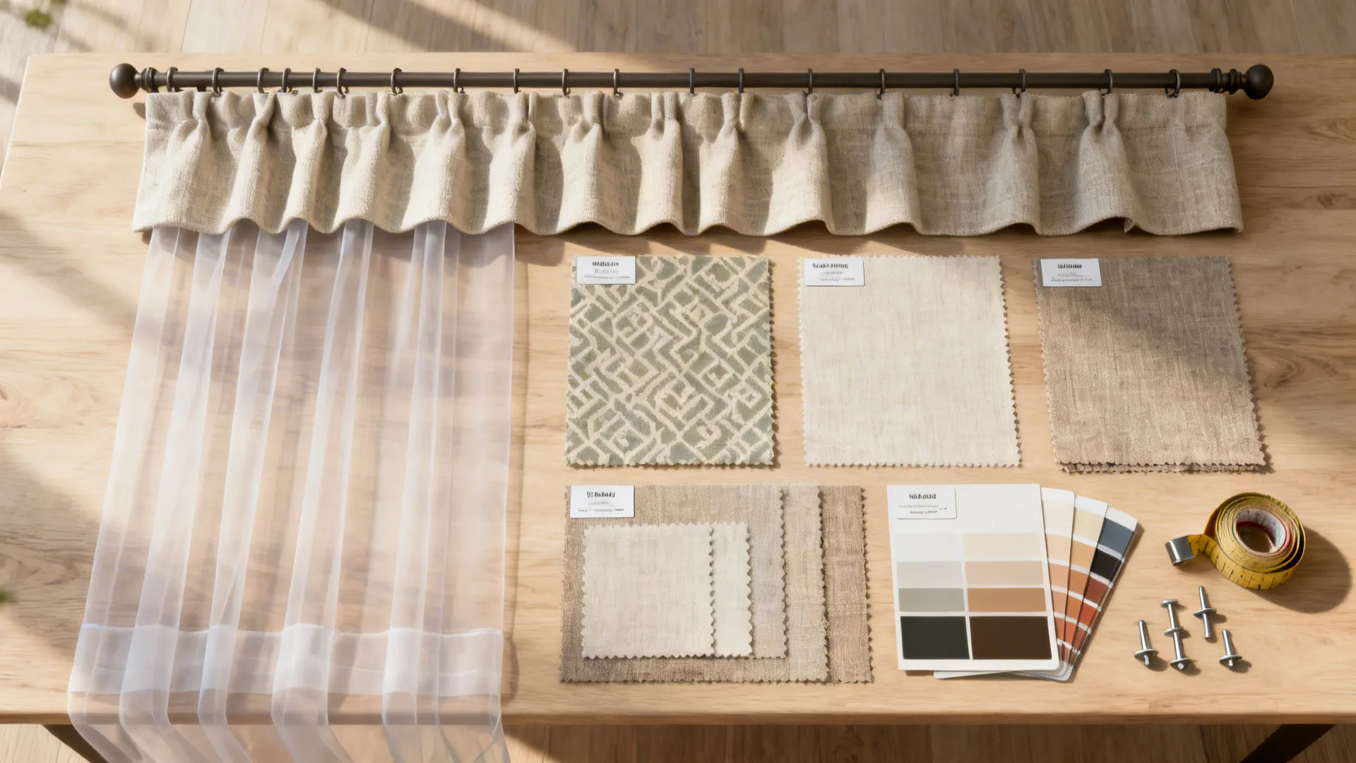 Curtain material samples on wooden table with fabric swatches and color palette and measuring tape