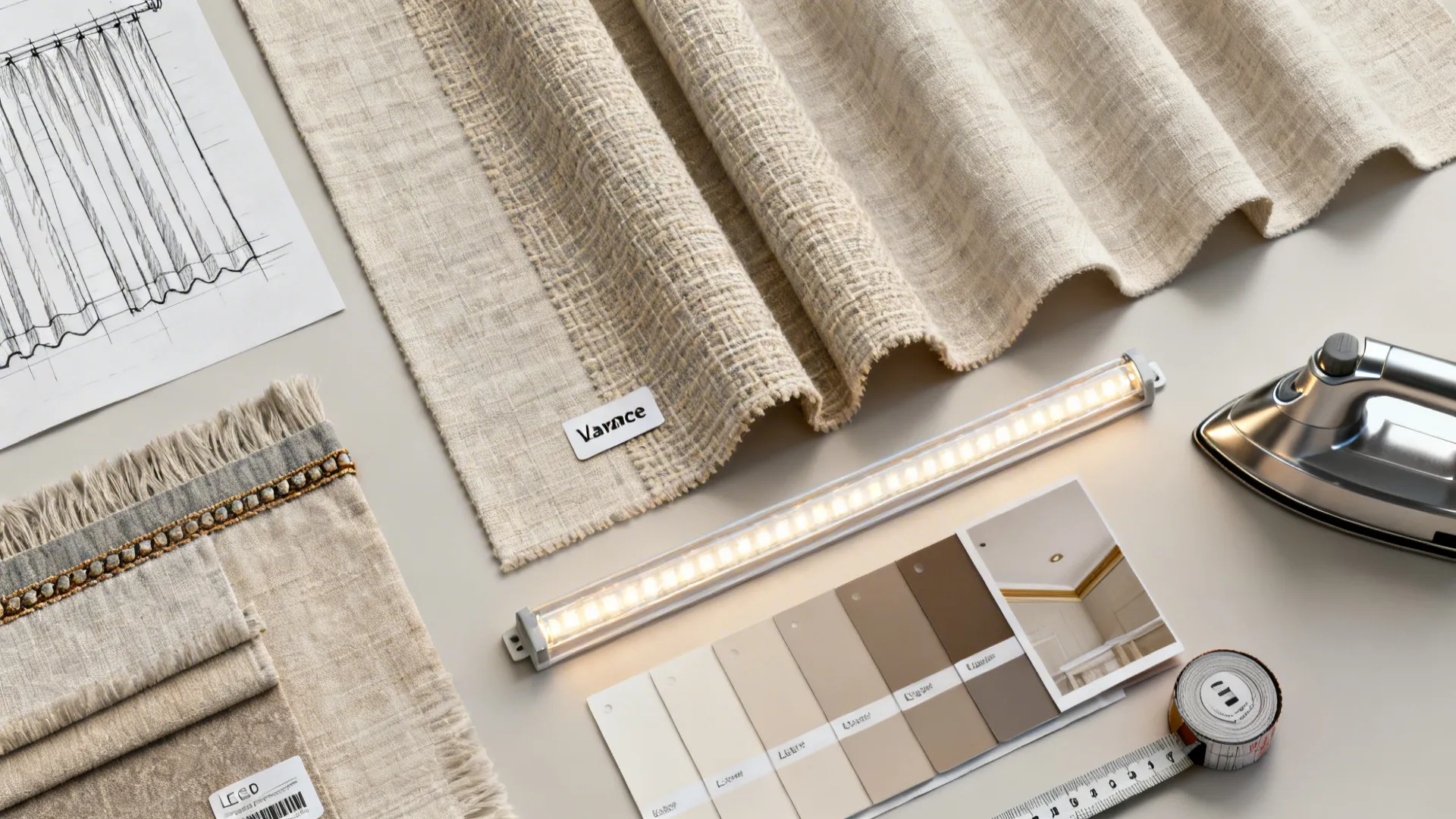 Top-down flatlay of valance fabric swatches, LED tape, color chips and measuring tools for planning.