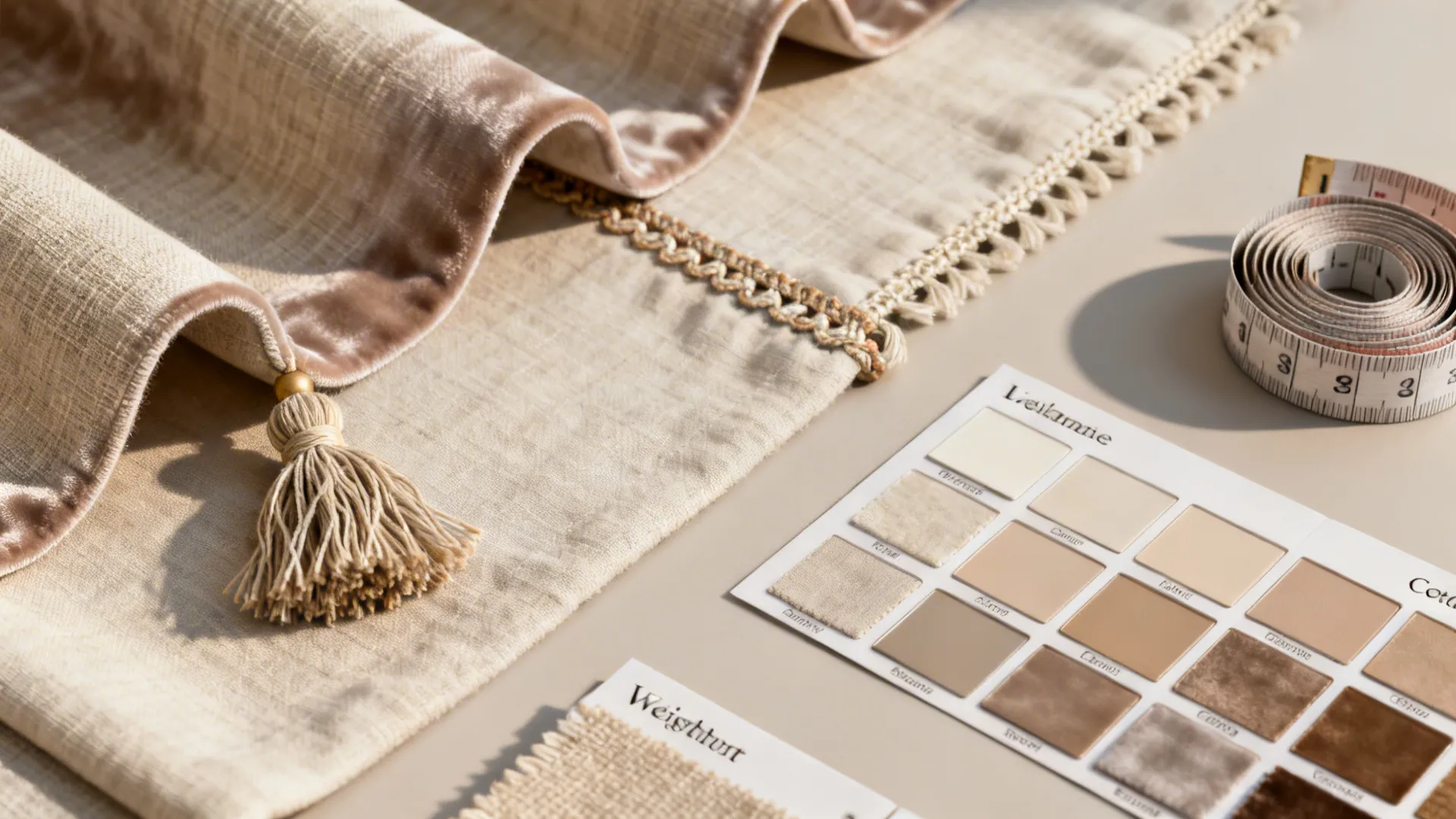 Beige curtain fabric samples with a measuring tape and color palette for interior design planning