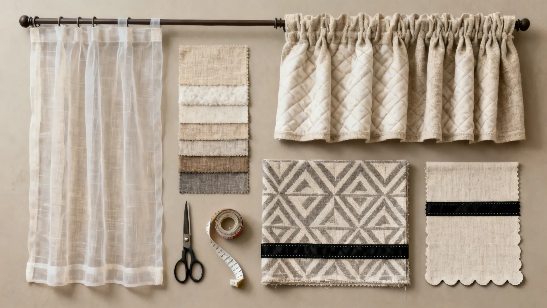 Various neutral curtain fabric samples arranged with scissors and measuring tape on a plain tan background