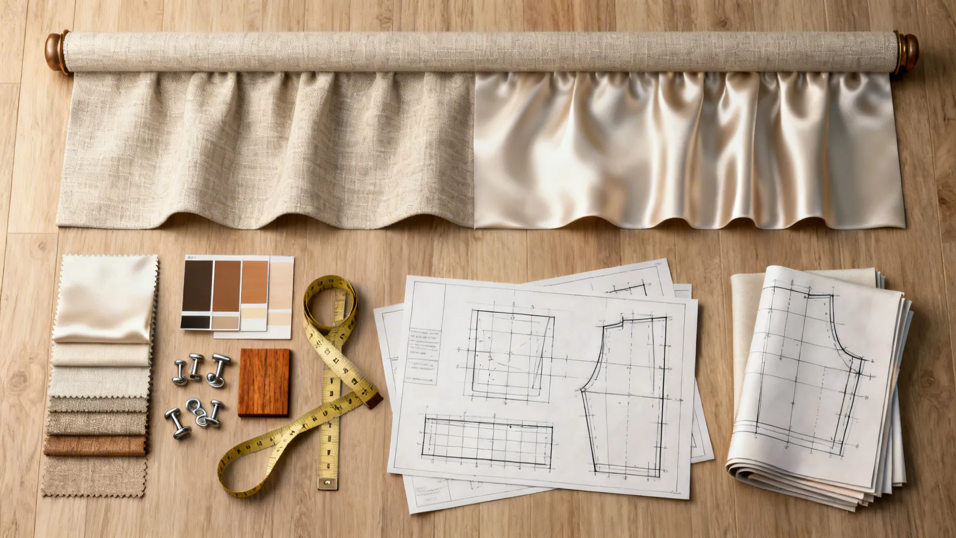 Flatlay of fabric swatches and materials for valance planning, including linen, cotton, and upholstery samples