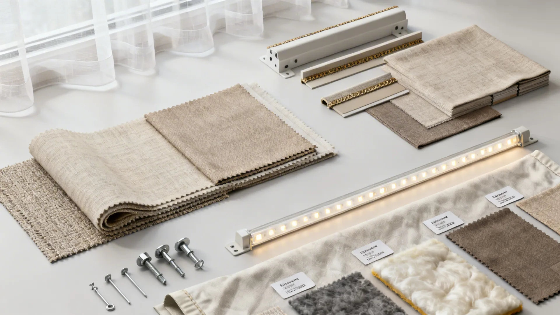 Flatlay of fabric swatches, trim samples, LED tape and mounting hardware for valances.
