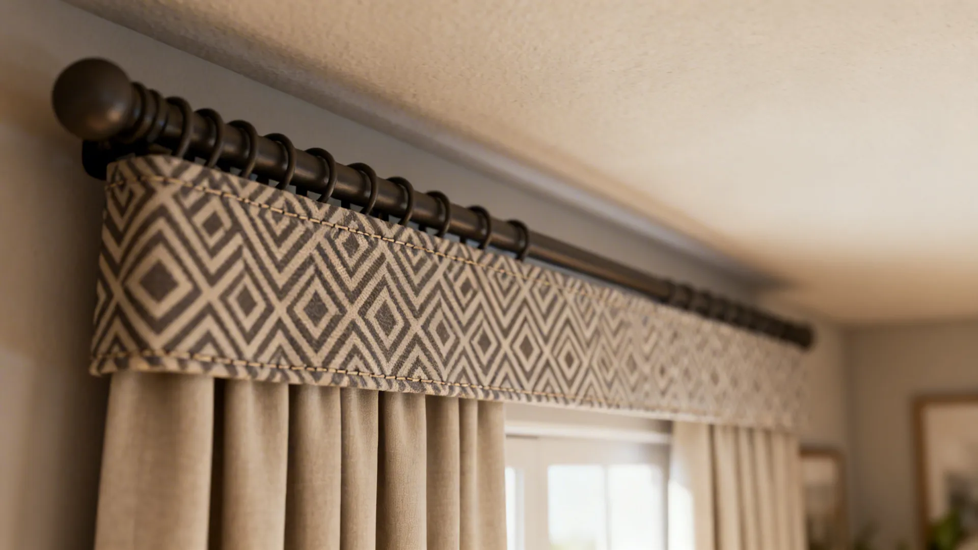 Geometric patterned valance on front rod with plain drapes behind in a small living room.