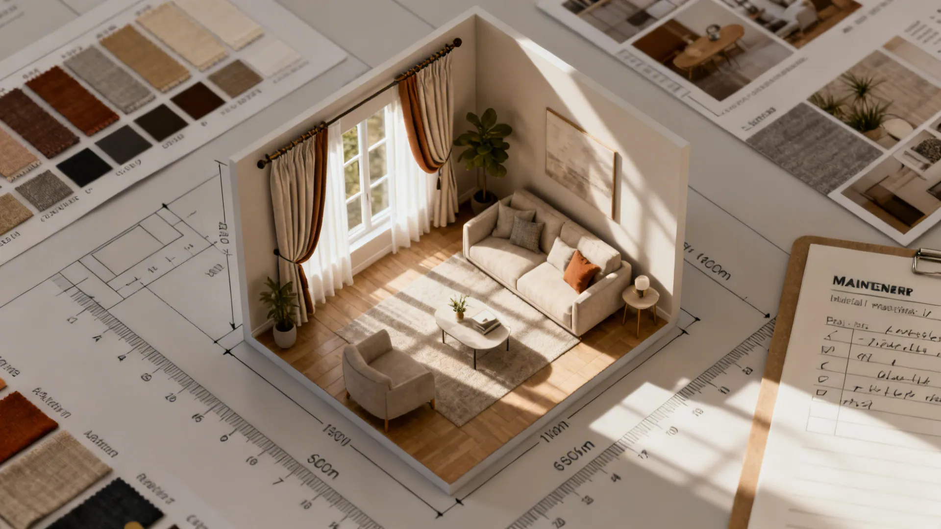 Top-down room planner mockup showing valance proportions, shadows, and fabric swatches