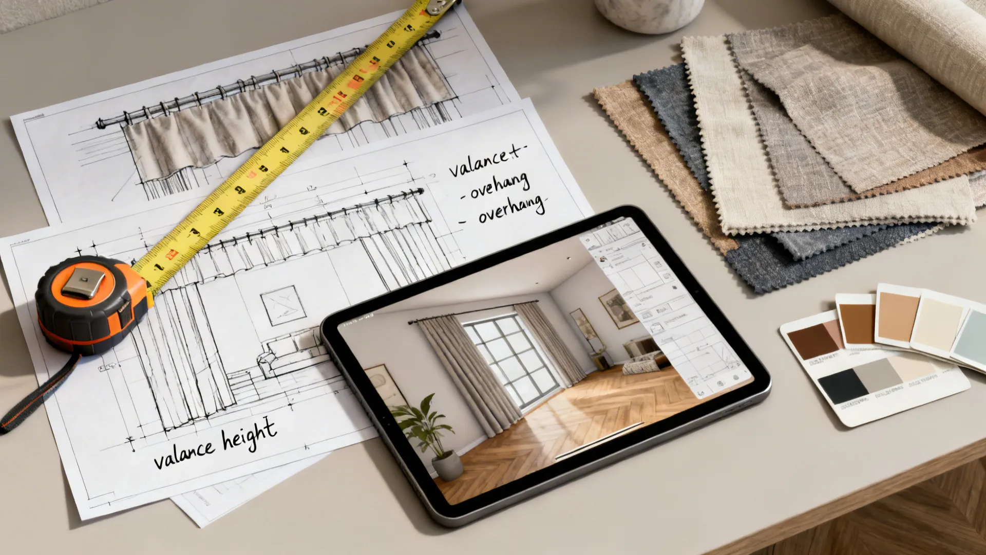 Top-down planning setup with measuring tape, fabric swatches, paint chips and a 3D floorplanner on a tablet for valance design.