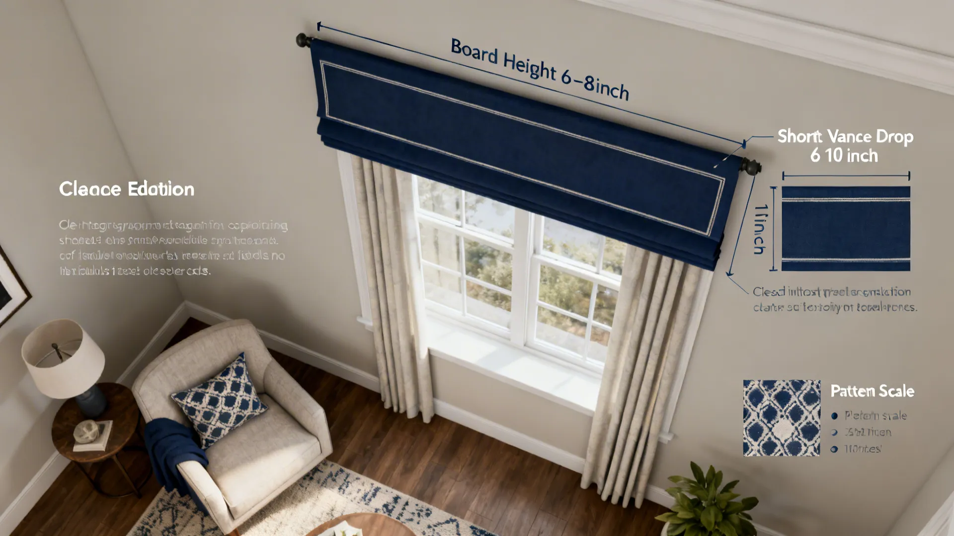Blue curtain measurement guide for white window with cream chair and patterned blue throw pillow