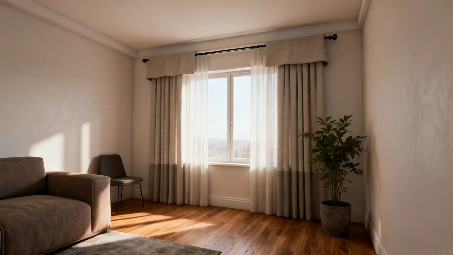 Bright living room with wooden floor beige curtains indoor plant gray sofa and large window sunlight