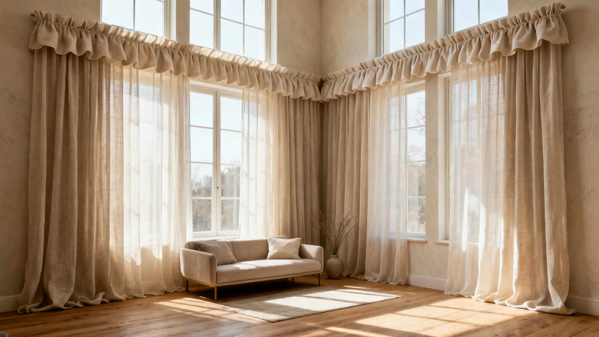 Large bright living room with tall windows covered by beige curtains next to a small sofa