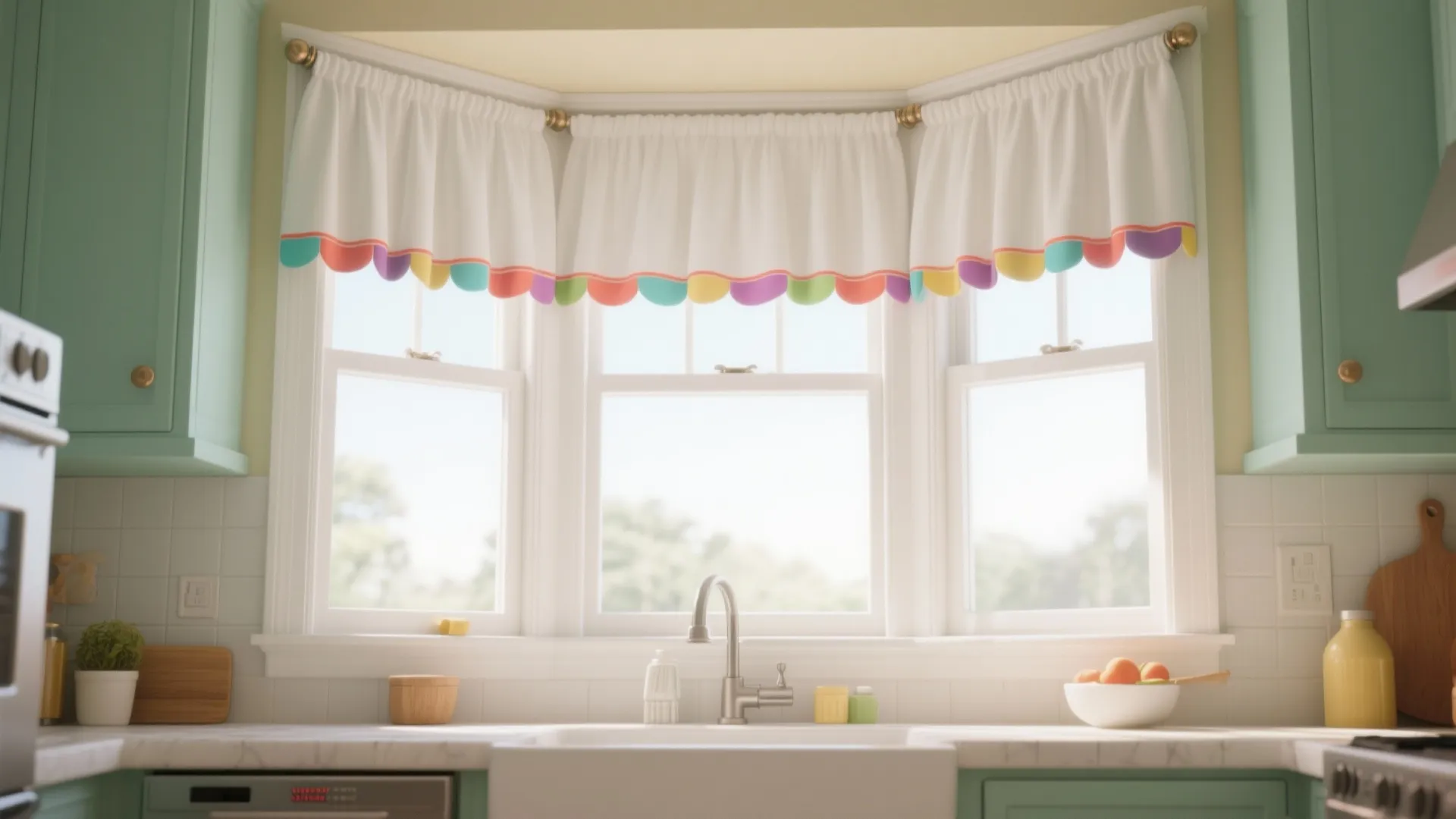 White valances with bold trim on kitchen bay window