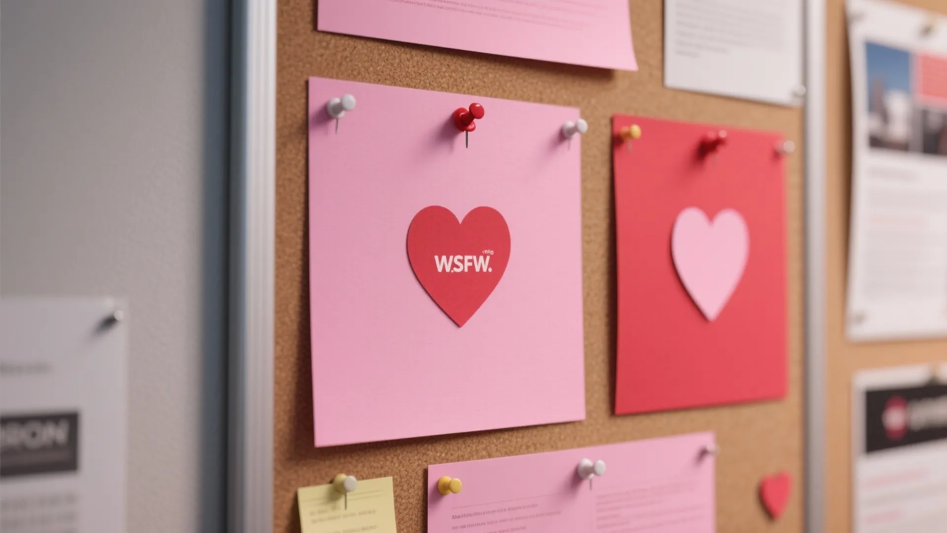 Cork bulletin board with pink and red notes featuring heart shapes pinned with colored tacks
