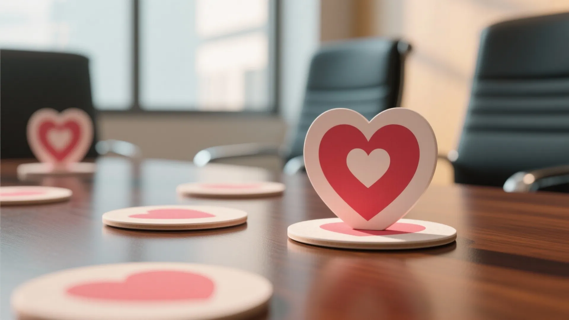 Heart-shaped coasters on an office meeting table