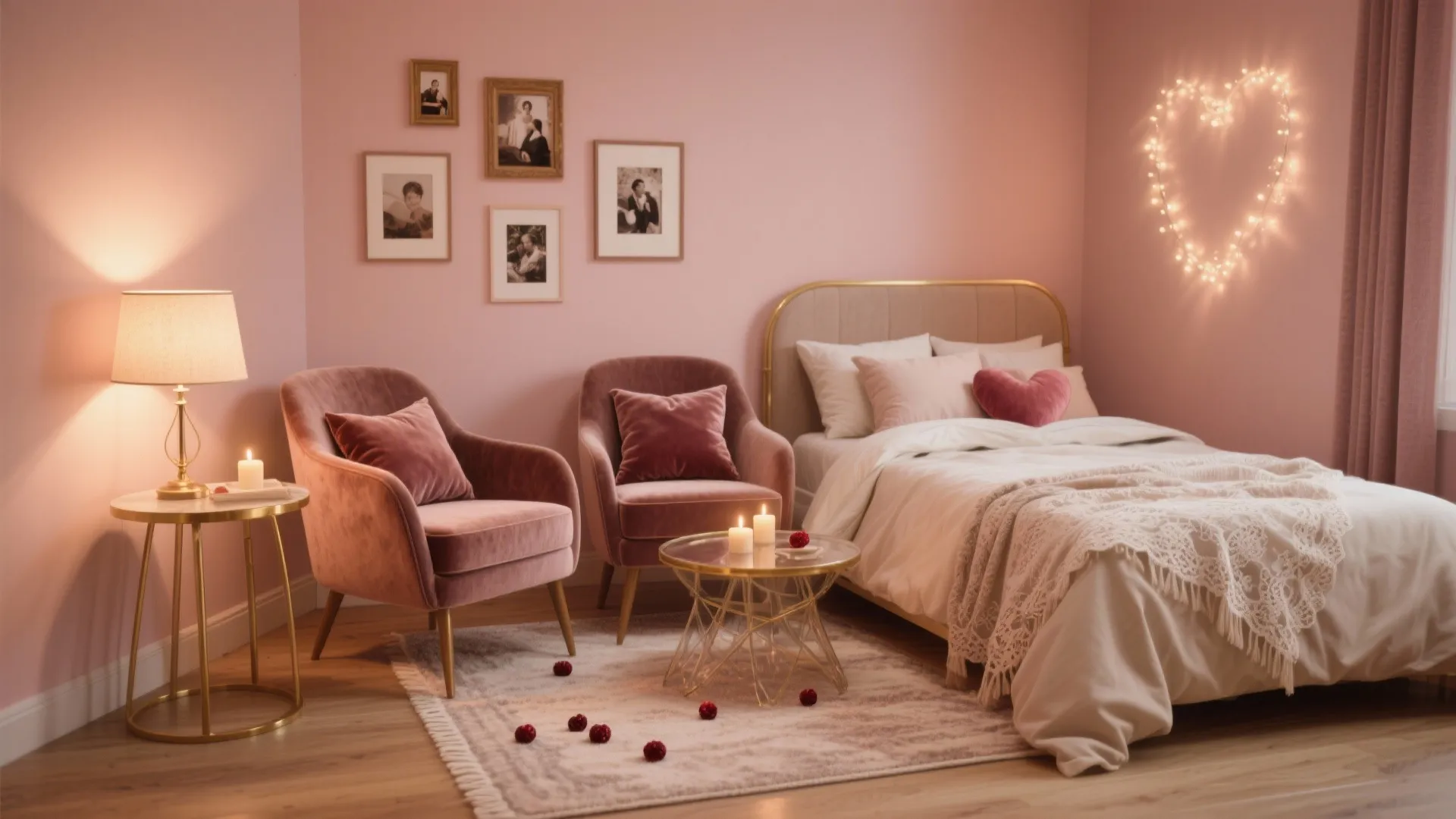 Pink romantic bedroom featuring velvet chairs heart light decoration candles picture frames and warm table lamp