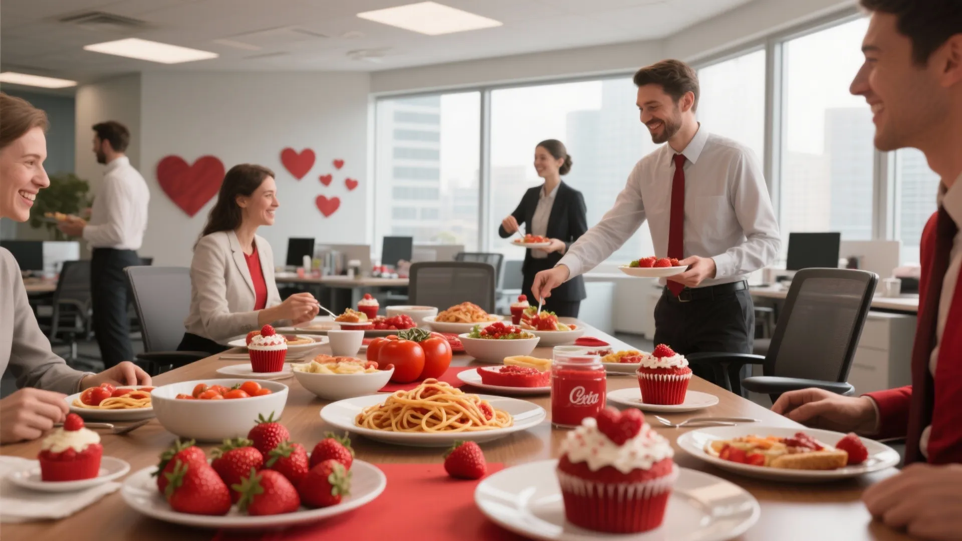 Office team enjoying a Valentine’s themed lunch with red-colored foods