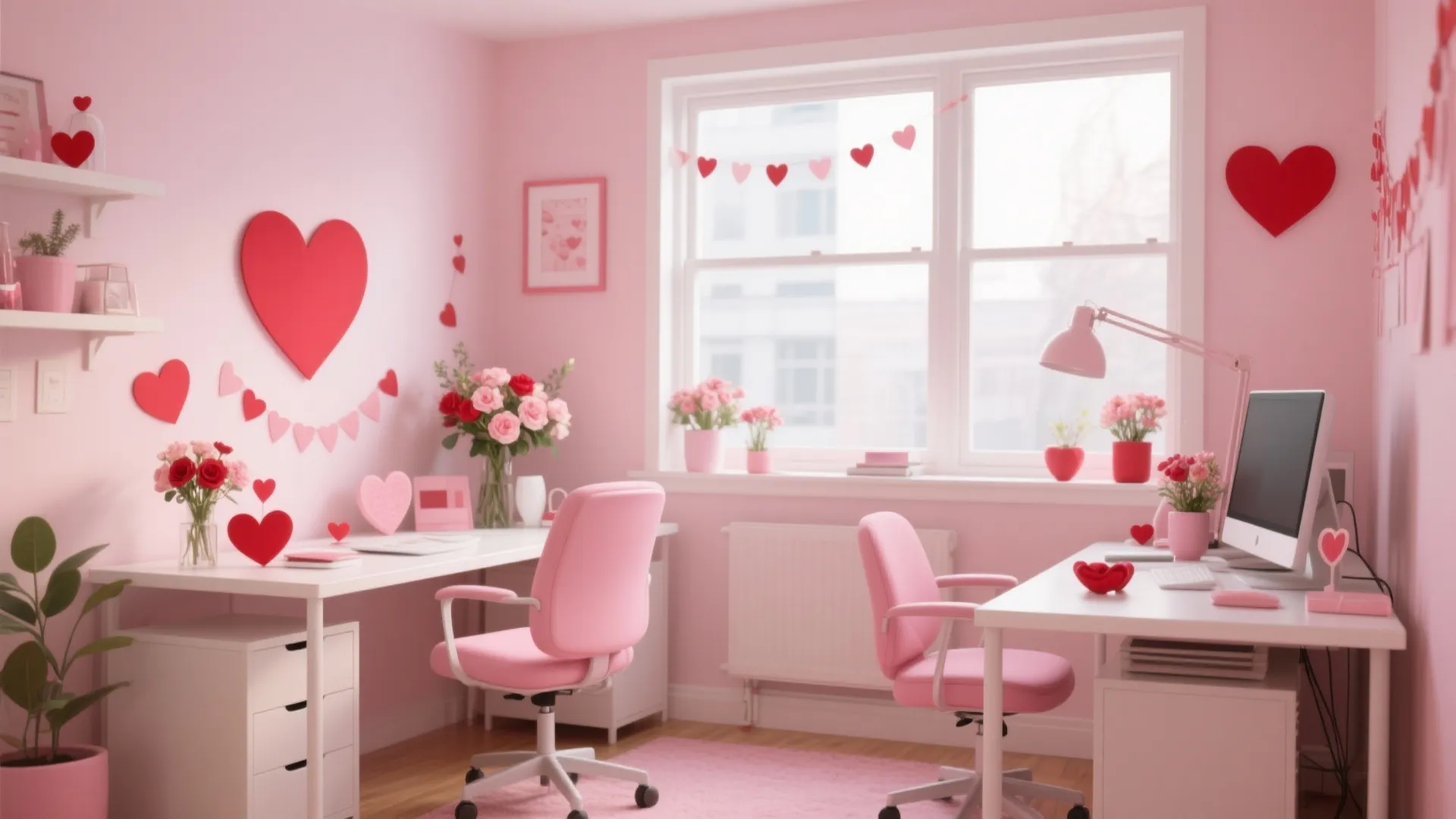 Bright pink office space with two desks pink chairs heart decorations and flowers by windows