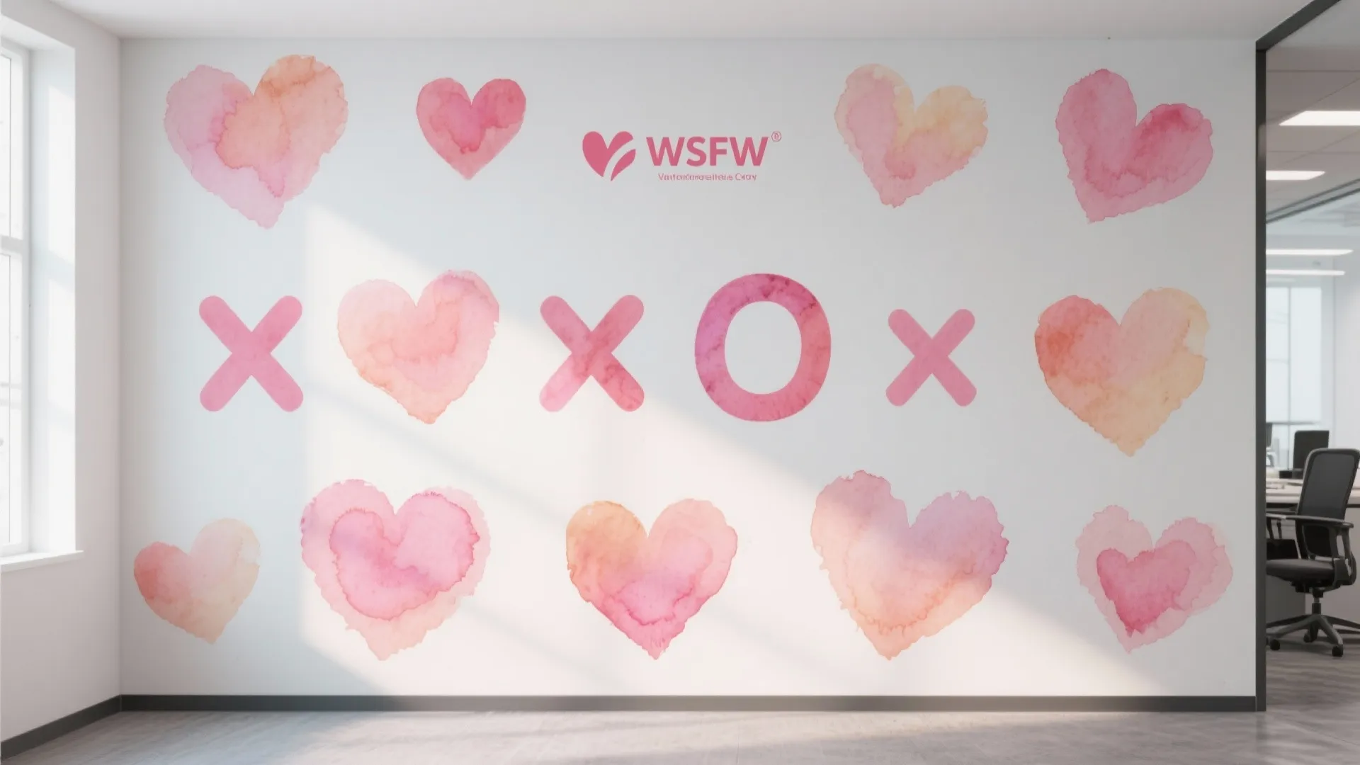 White office wall decorated with pink watercolor heart stickers and large letters for Valentine decor