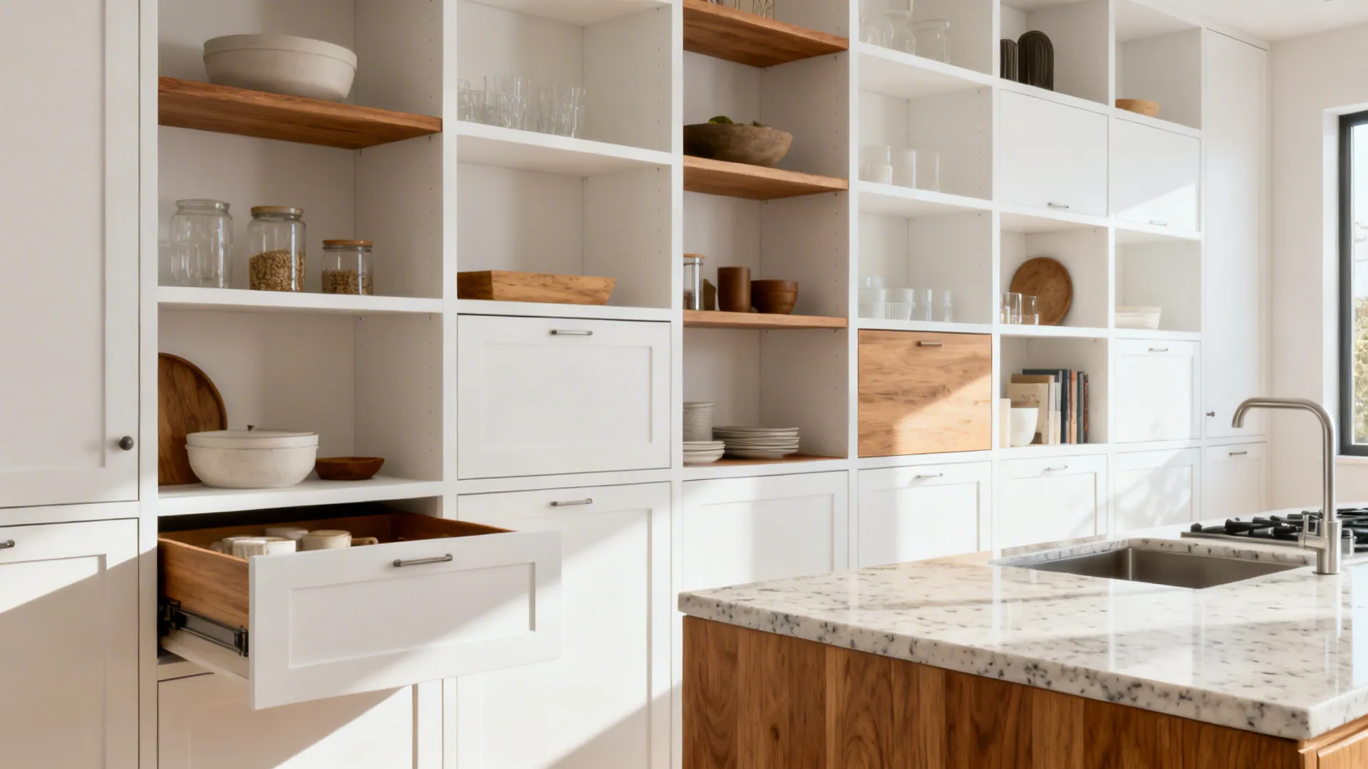Compact modular kitchen with clean white cabinet grid and warm wood accents.